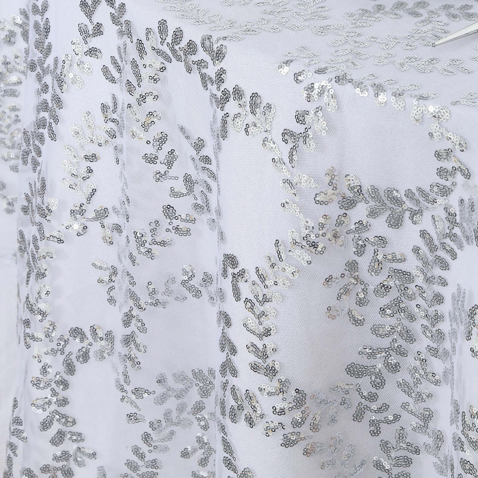 Tulle 72x72 Table Overlay Square Tablecloth Silver - Sequin Leaf Embroidered Table Topper