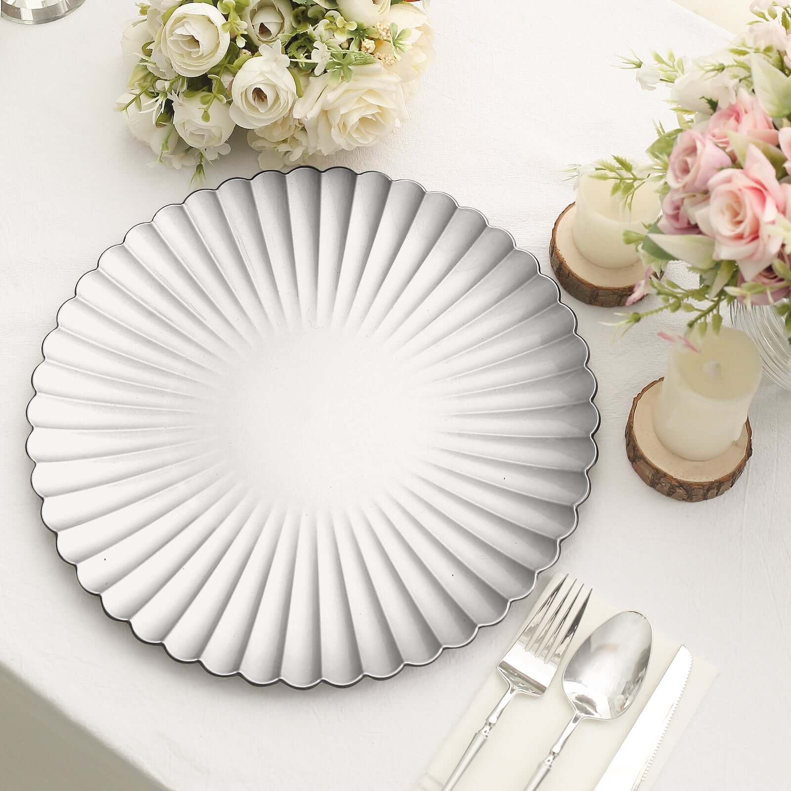 6-Pack Plastic Round Charger Plates 13 in Silver with Scalloped Shell Pattern, Coastal Inspired Disposable Charger Tableware