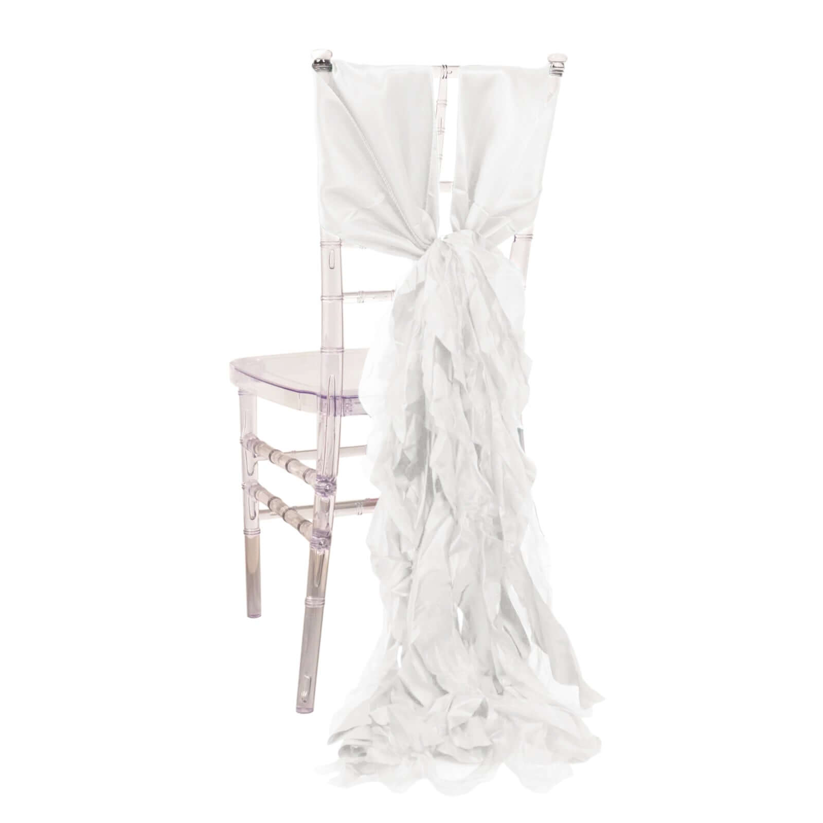 5 Pack Chiffon Satin Chair Sashes White - Easy to Install Lustrous Ruffled Curly Willow Wedding Chair Decorations