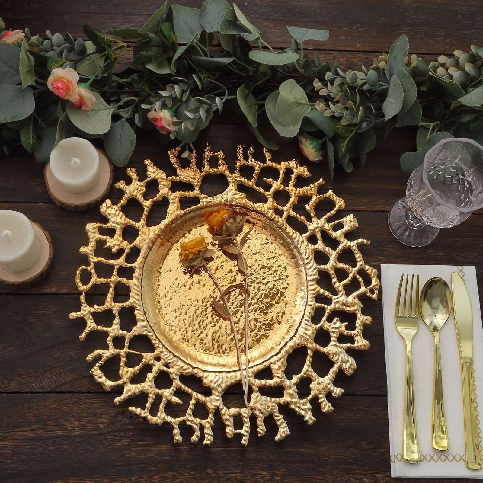 6-Pack Acrylic Round Charger Plates 13 in Gold with Molten Branch Design, Plastic Hollow Lace Decorative Dinner Party Charger Tableware