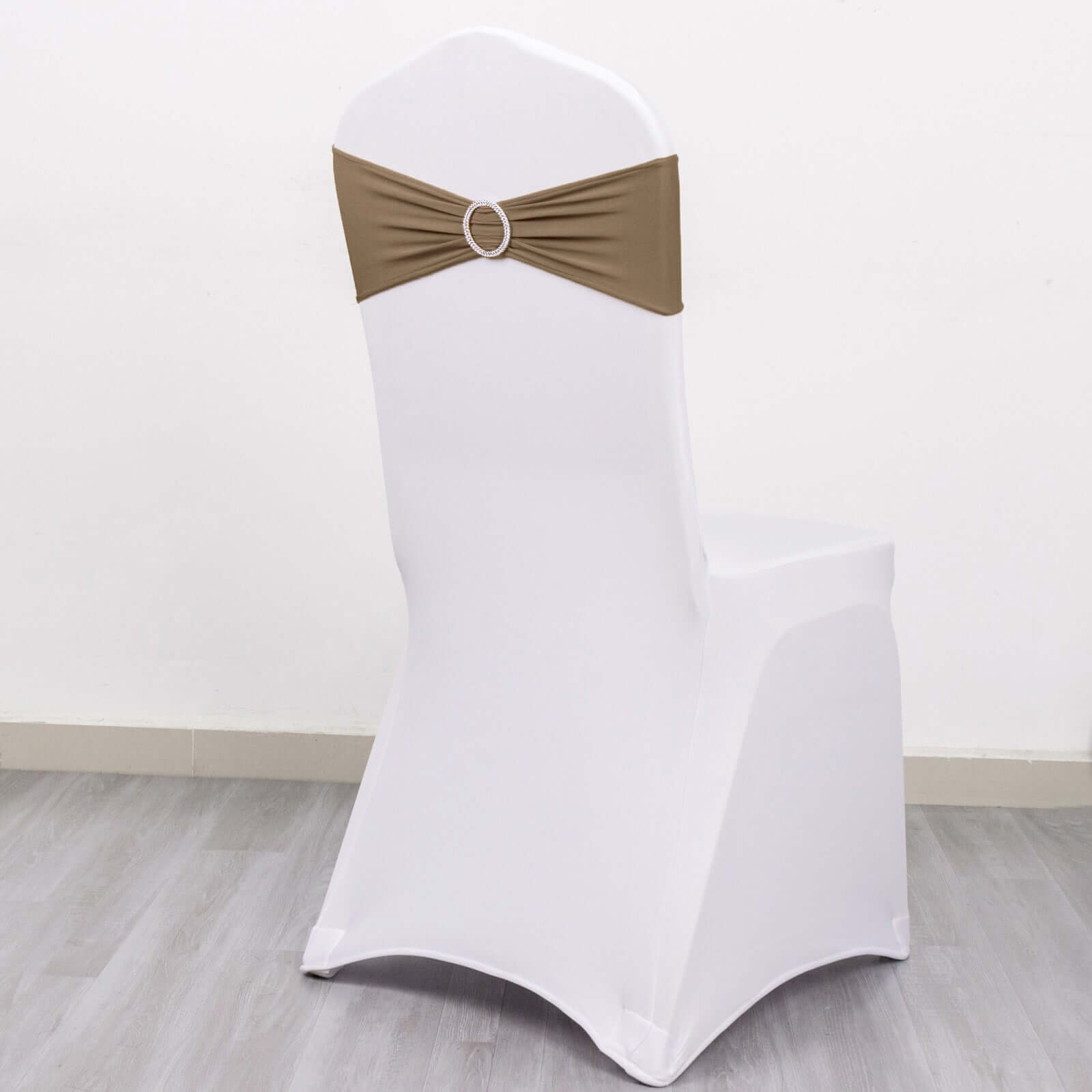 5 Pack Stretch Spandex Chair Sashes Taupe - Reusable Chair Bands with Silver Diamond Ring Slide Buckle 5x14