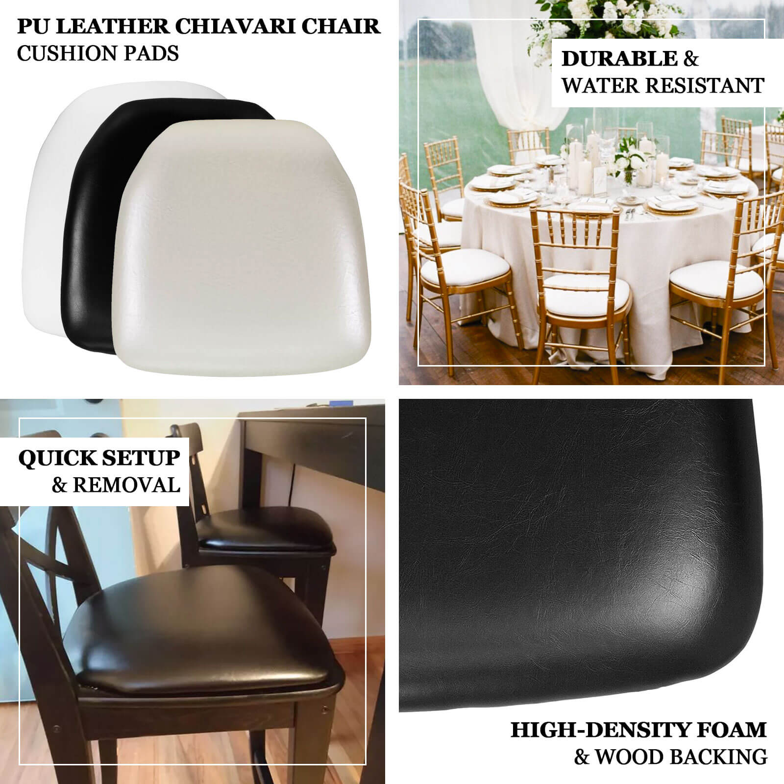 5 Pack PU Leather 1.5 Thick Seat Pads with Wood Backing for Chiavari Chairs Black - Memory Foam Tie-Less Non-Slip Design 16