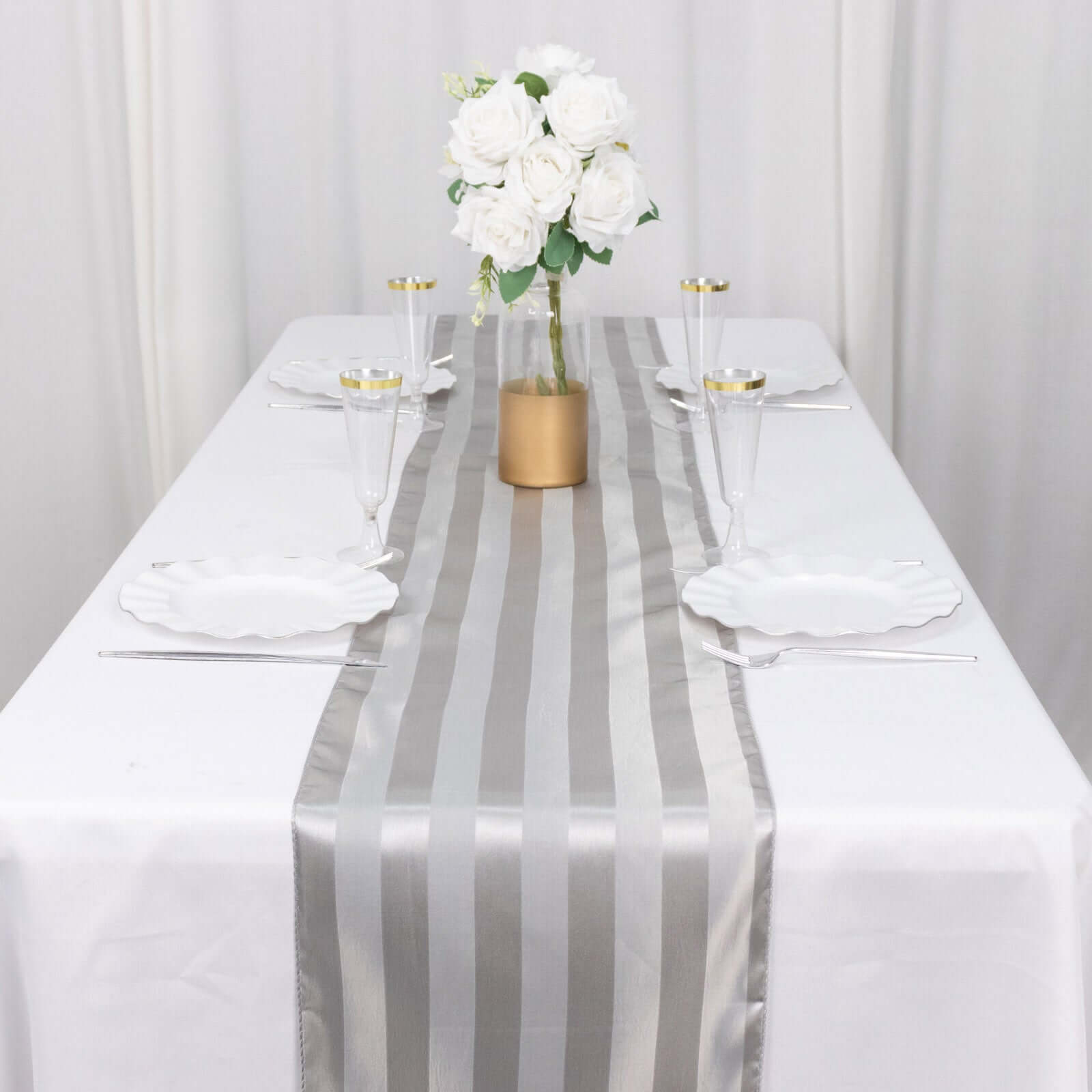 Satin 12x108 Table Runner Silver Stripe - Stripe Table Decor