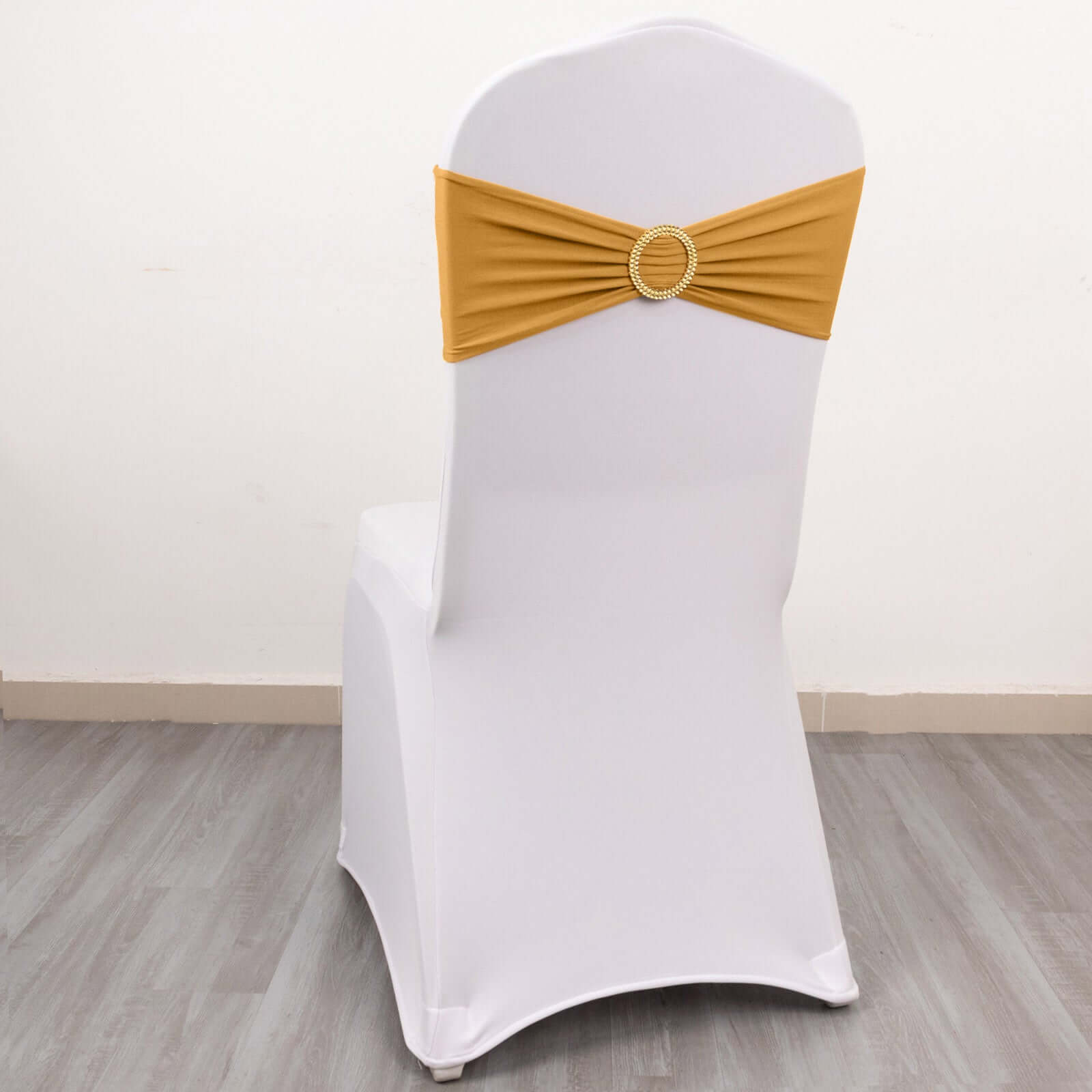 5 Pack Spandex Chair Sashes Gold with Gold Rhinestone Buckles - Reusable Four-Way Stretch Sash Bands for Classy & Effortless Wedding & Party Decor 5x14