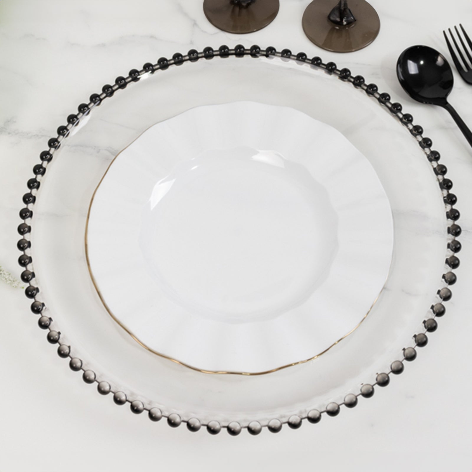 6-Pack Acrylic Round Charger Plates 13 in Clear with Black Beaded Rim, Decorative Dinner Party Charger Tableware