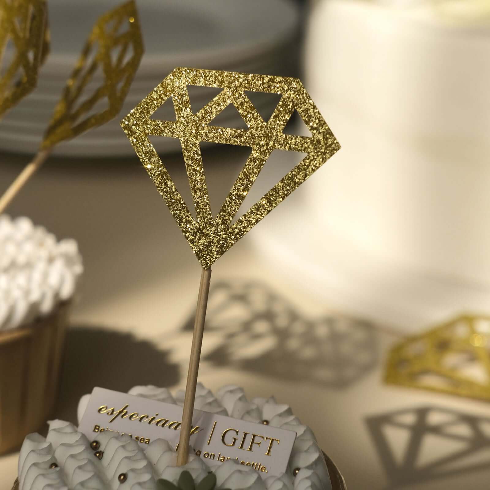 24-Pack Cupcake Toppers Diamond Ring Design Glitter Gold - Party Cake Picks Engagement Decoration Supplies