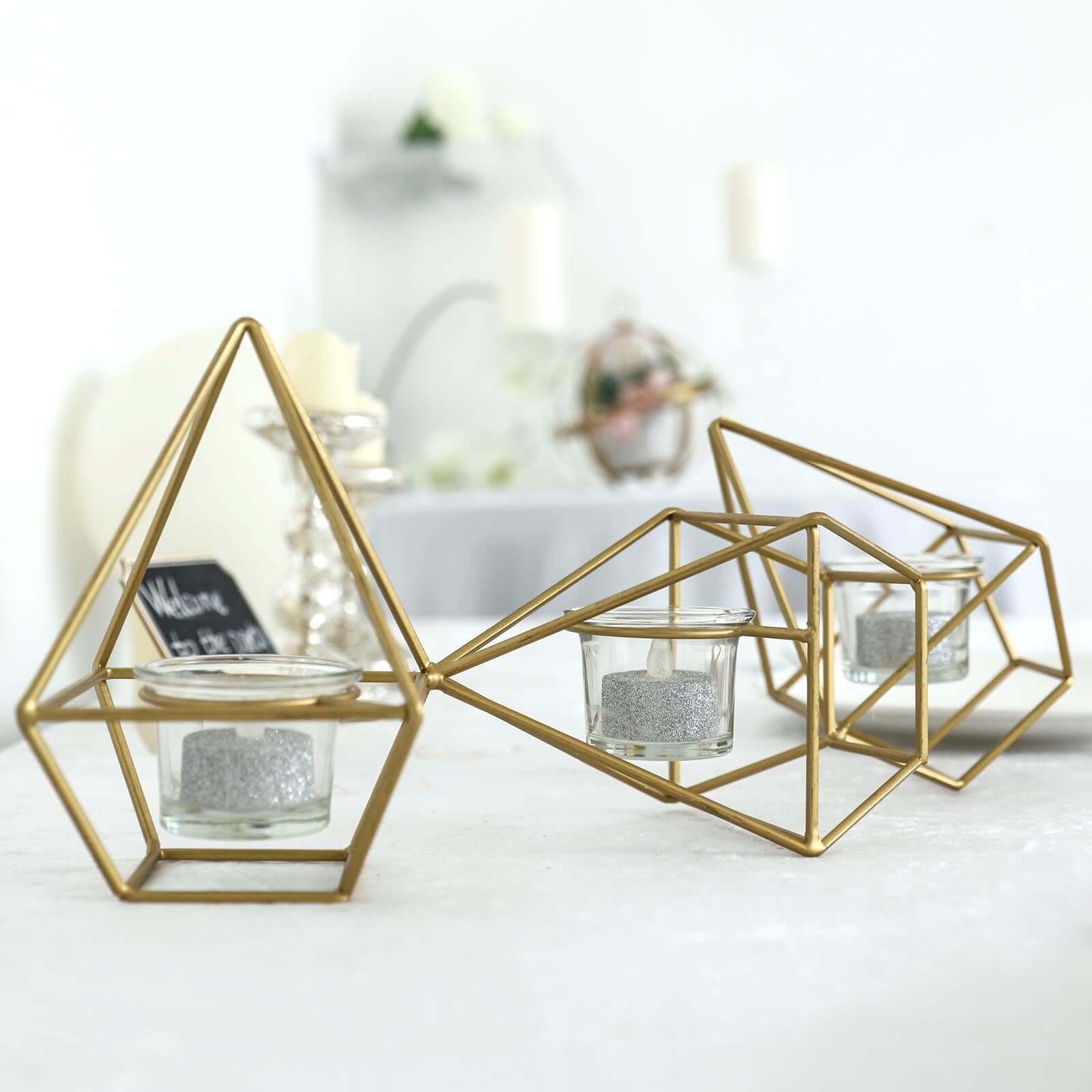 Set of Metal Candle Holders Linked Geometric Design Gold - Modern Votive Glass Decor for Tables & Gatherings 16