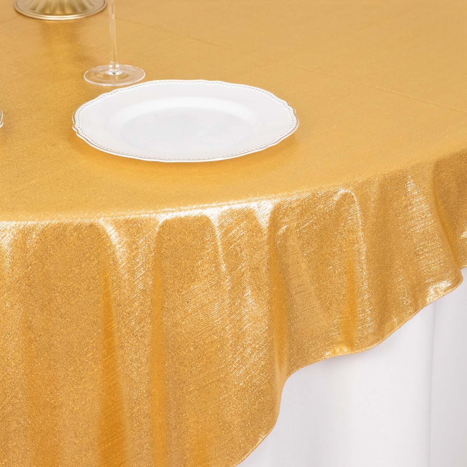 Polyester 72x72 Table Overlay Square Tablecloth Gold Shimmer Sequin Dots Wrinkle-Free Design for Stylish Celebrations