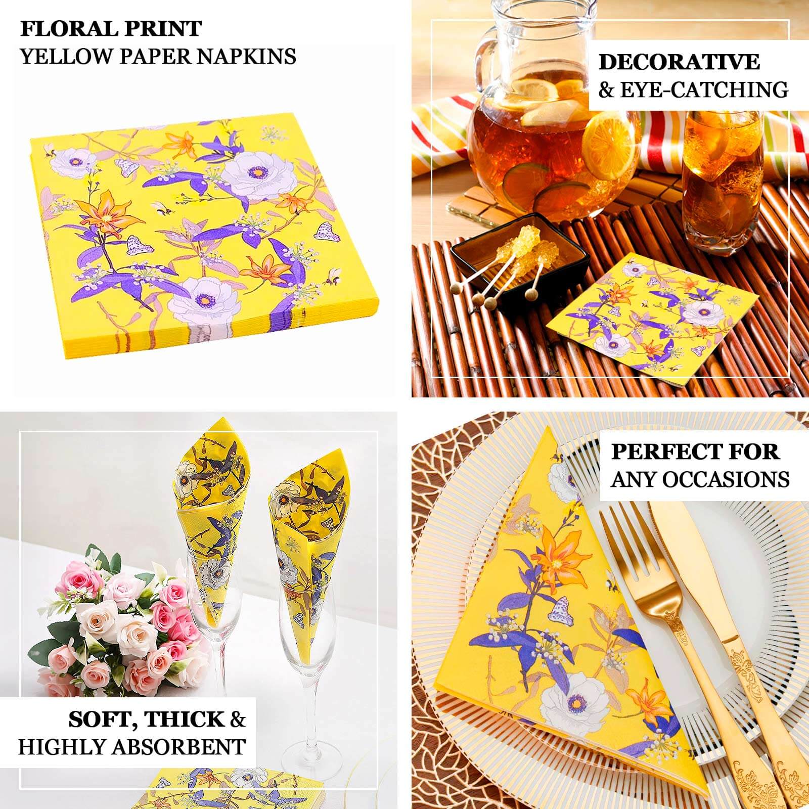 50-Pack Paper Beverage Napkins with Blooming Flowers Design Yellow - 2 Ply Soft 18GSM Floral Wedding Napkins 6.5x6.5