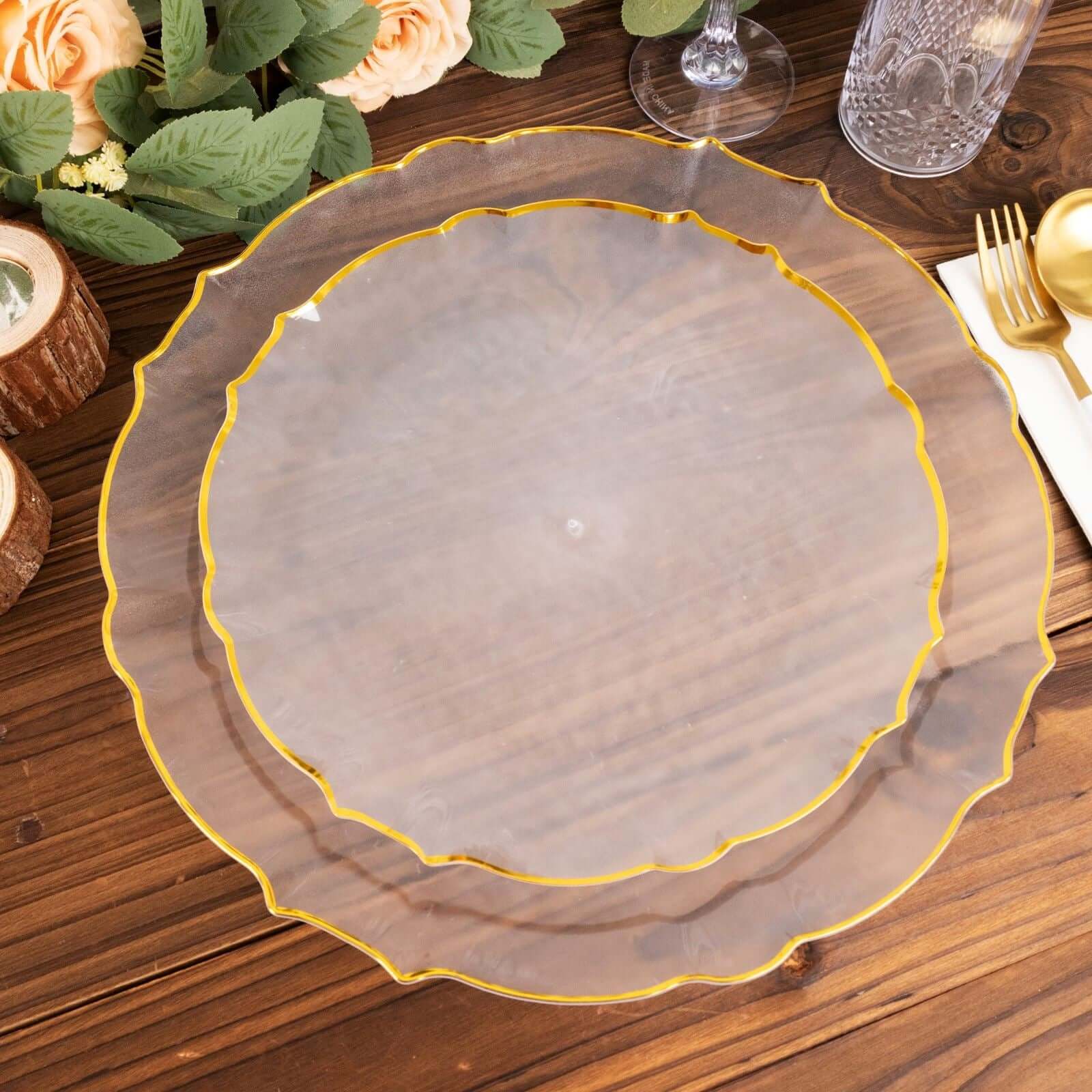 10-Pack Plastic 10 Round Dinner Plates in Clear Sunflower with Gold Scalloped Rim - Disposable Party Plates for Classy Events & Banquets