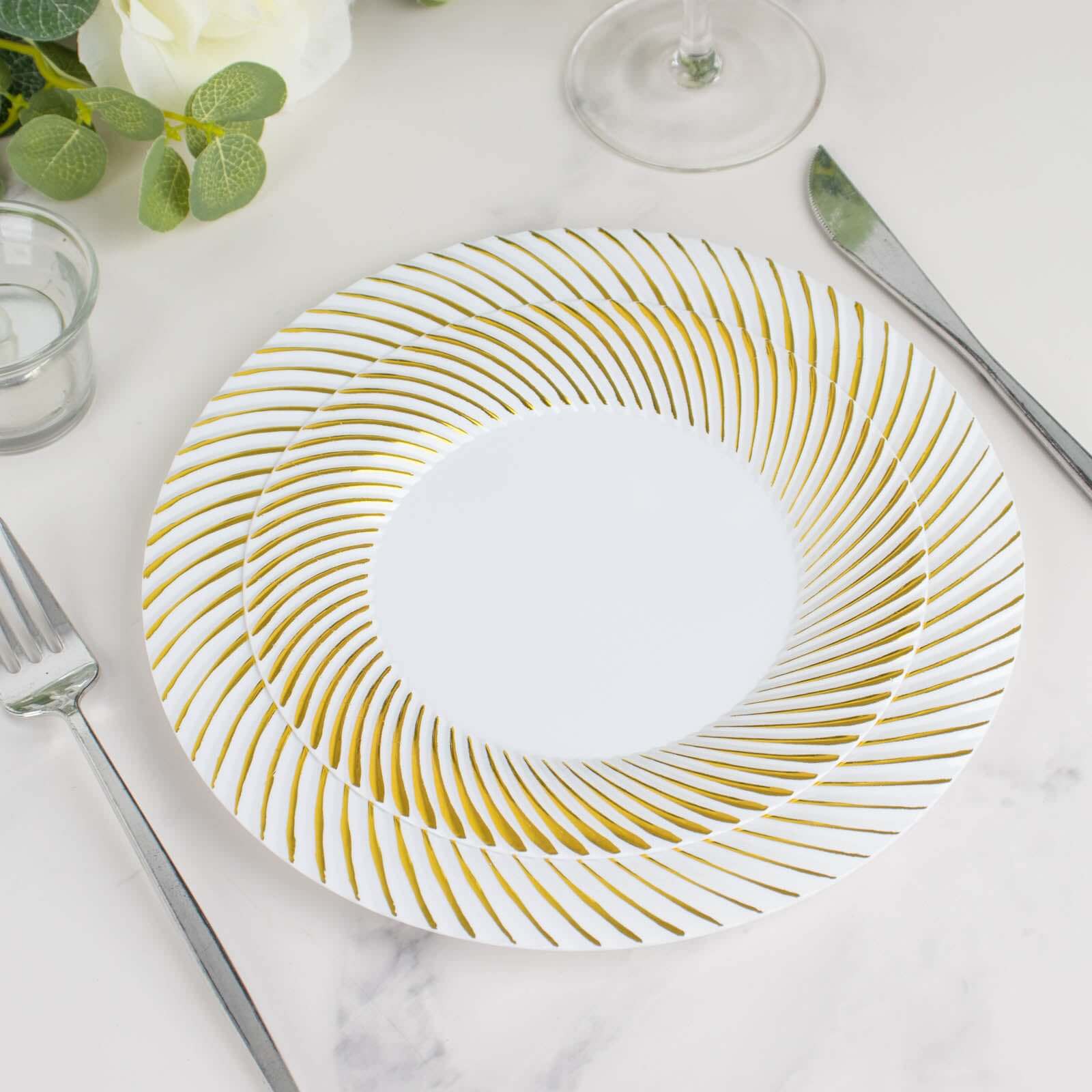 10-Pack Plastic 7 Round Dessert Plates in White with Gold Swirl Rim - Disposable Salad Plates for Classy Events & Banquets