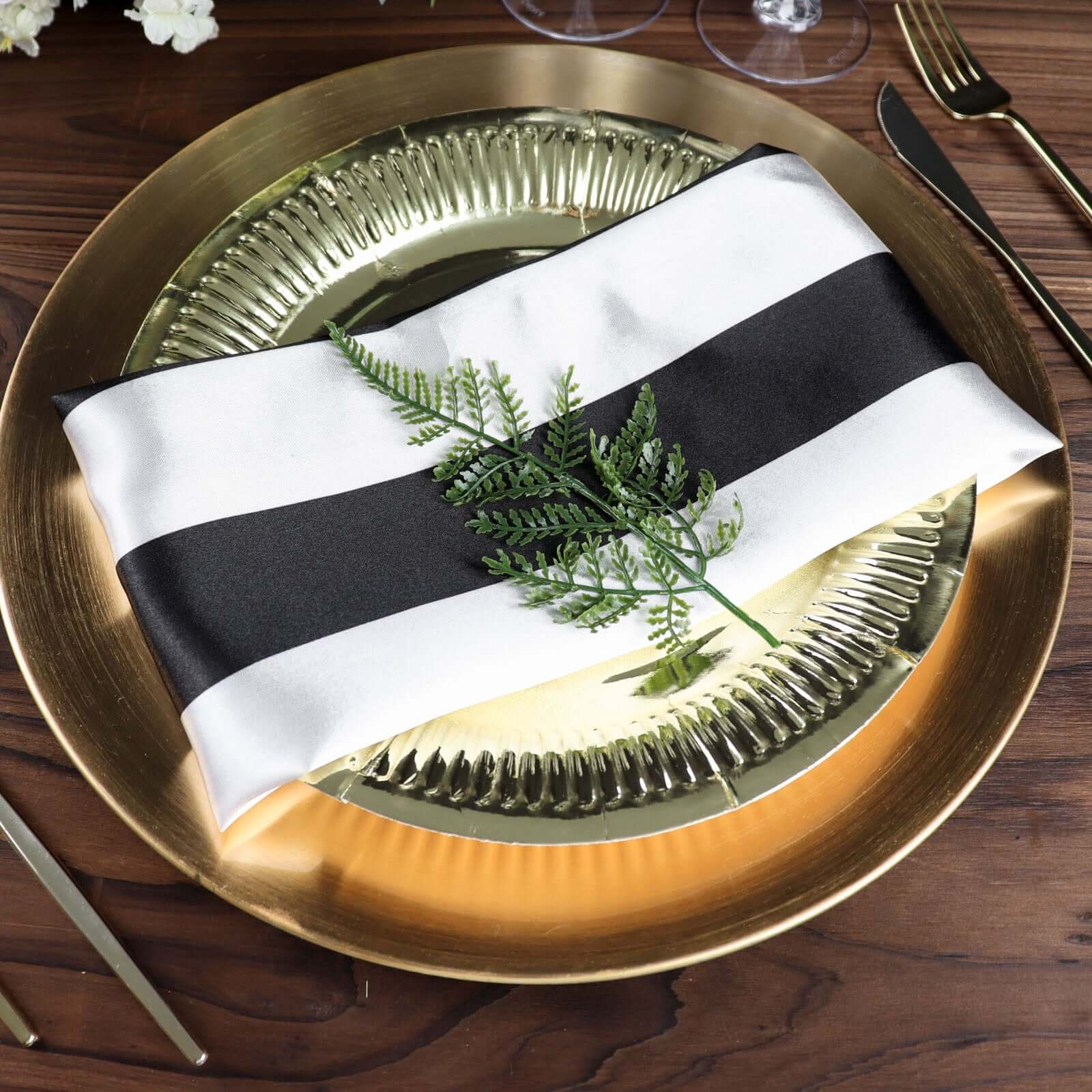 5 Pack Satin 20x20 Napkins Black/White - Striped Reusable Dinner Napkins for Formal & Casual Dining