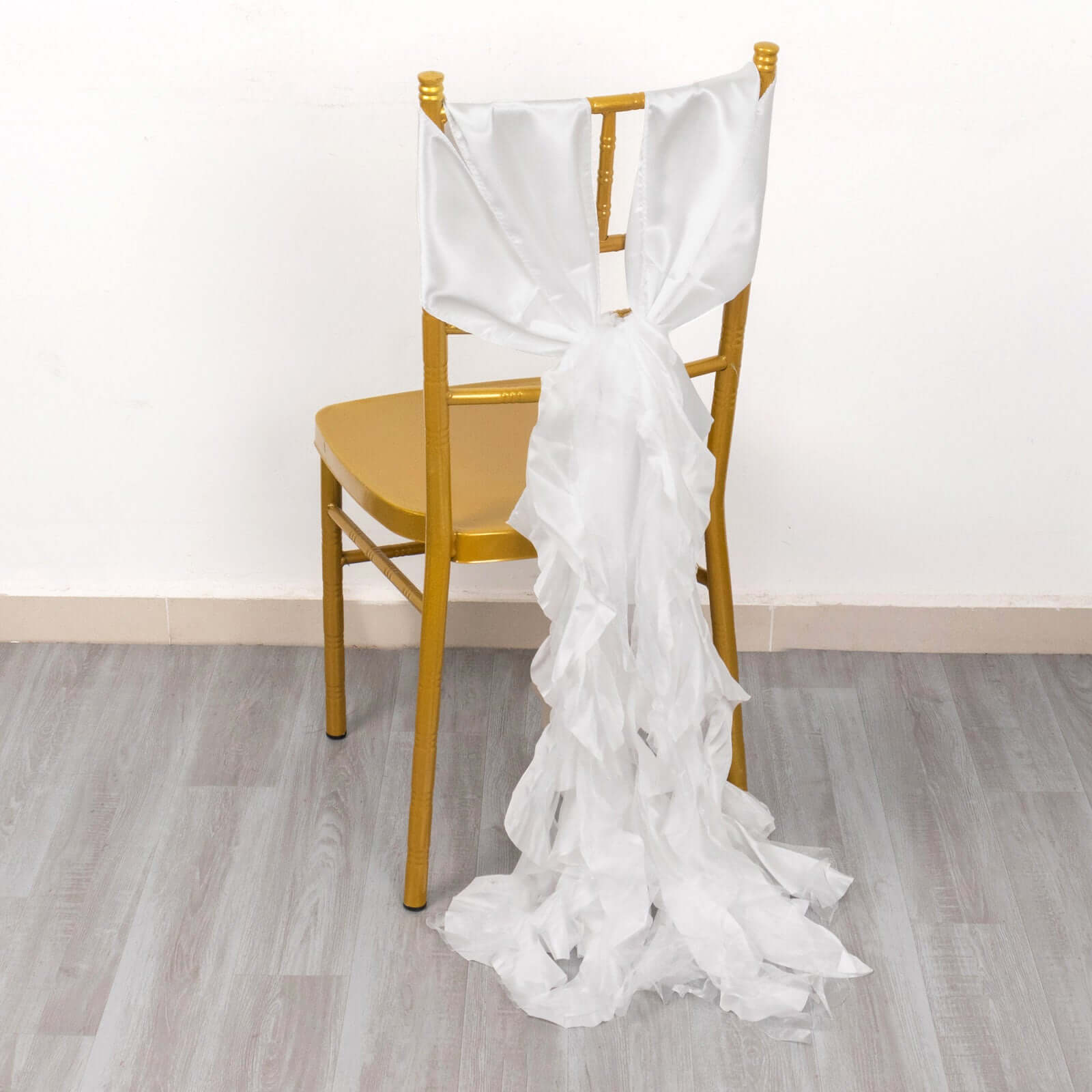 5 Pack Chiffon Satin Chair Sashes White - Easy to Install Lustrous Ruffled Curly Willow Wedding Chair Decorations