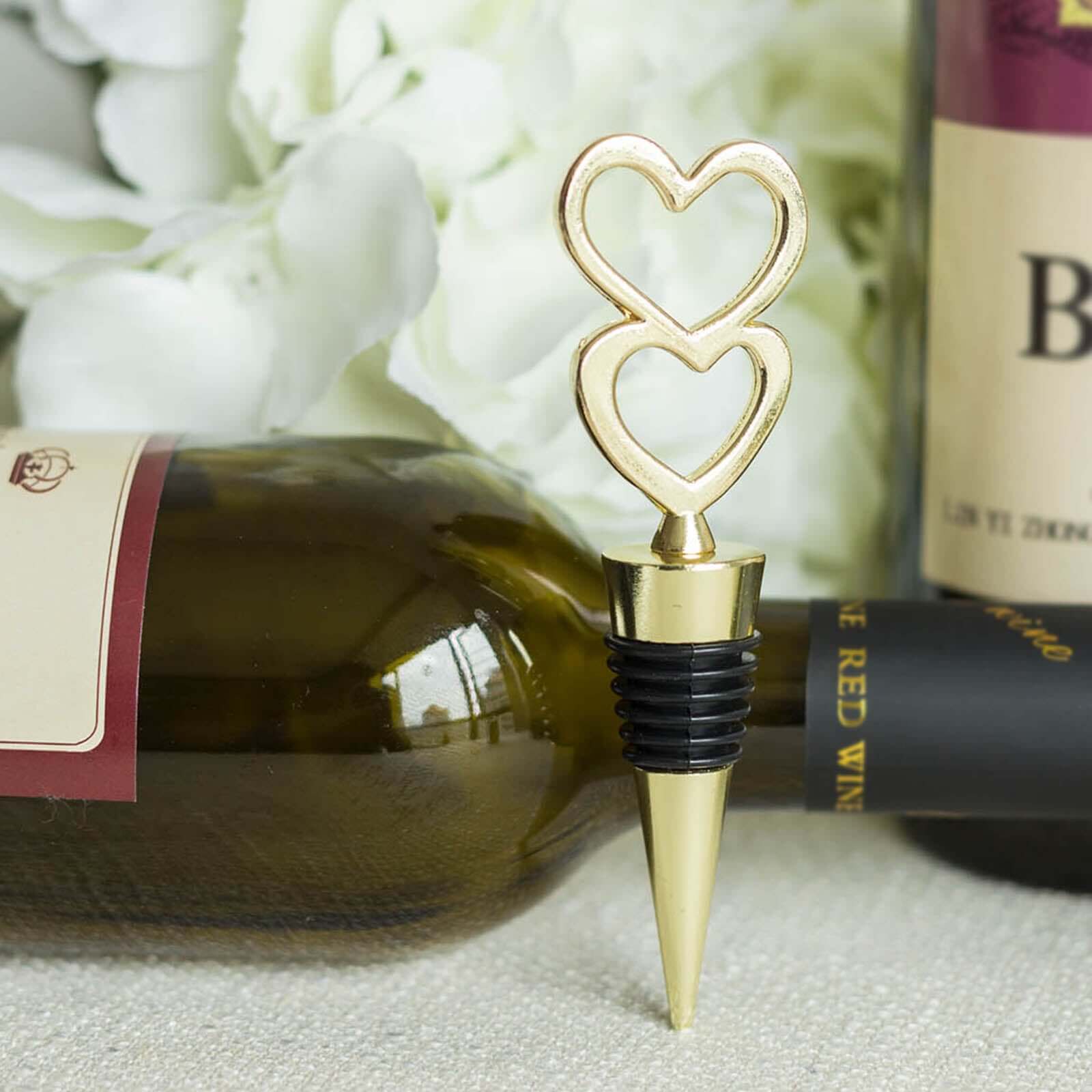 5 Gold Metal Double Heart Wine Bottle Stopper Wedding Party Favors With Velvet Gift Box