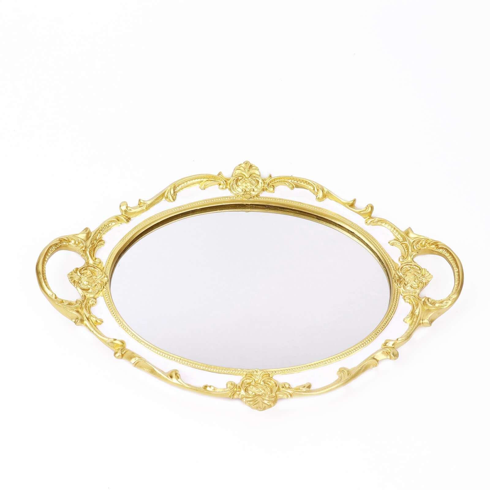 Resin Mirrored Vanity Oval Serving Tray 14x10 in White with Metallic Gold Baroque Design, Stylish Decorative Vanity Tray Centerpiece