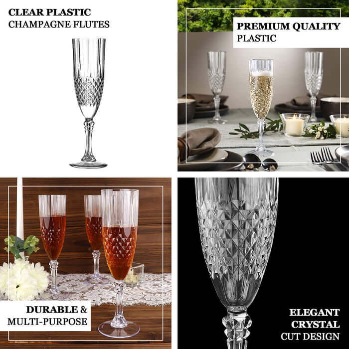 6-Pack Plastic Wedding Toast Flutes Clear Transparent Crystal Cut Style - Reusable Champagne Glasses 8oz