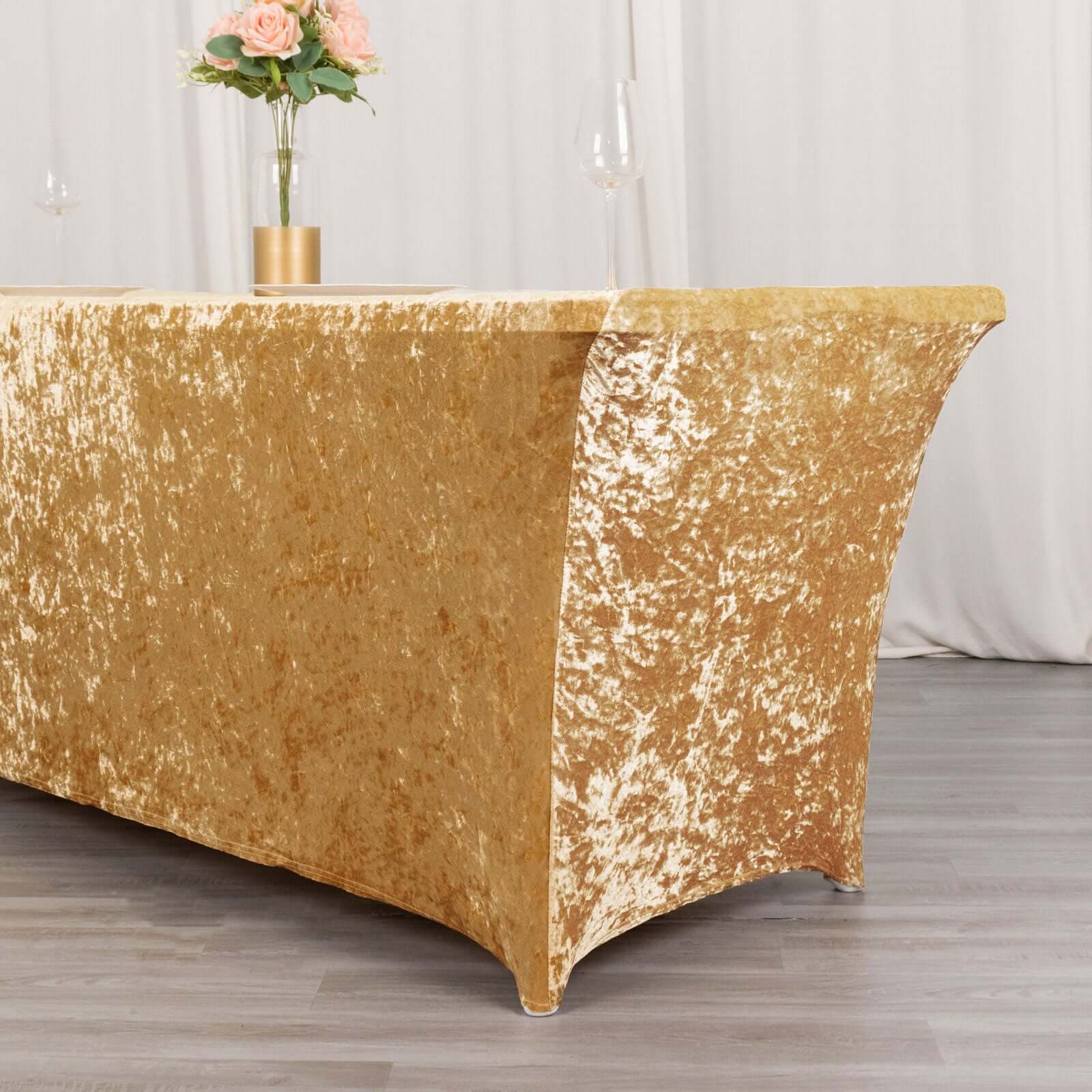 Crushed Velvet Fitted Rectangular 6ft Table Cover Champagne - Wrinkle-Free Stretchy Tablecloth