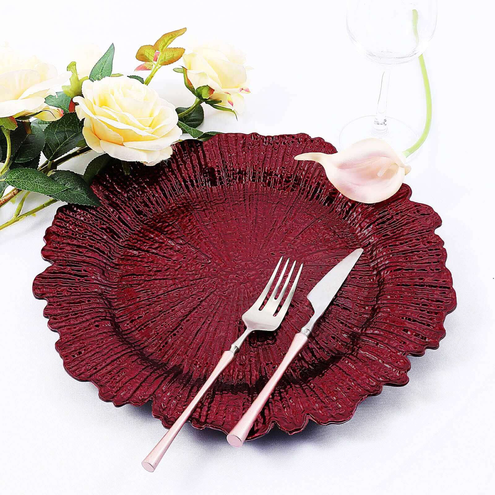 6-Pack Acrylic Plastic Round Charger Plates 13 in Burgundy with Reef Design, Dinner Charger Tableware