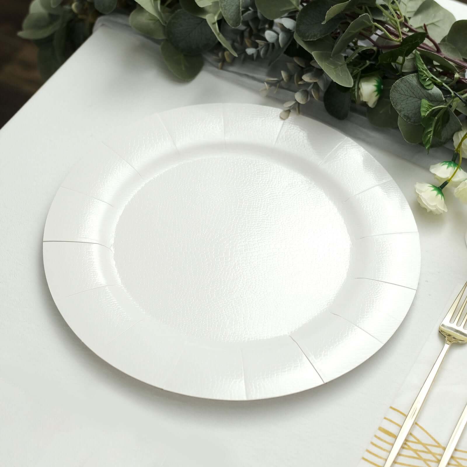 10-Pack Disposable Round Charger Plates in White with Leathery Texture - Durable 1100GSM Cardboard Placemats for Dinner Parties & Banquets 13