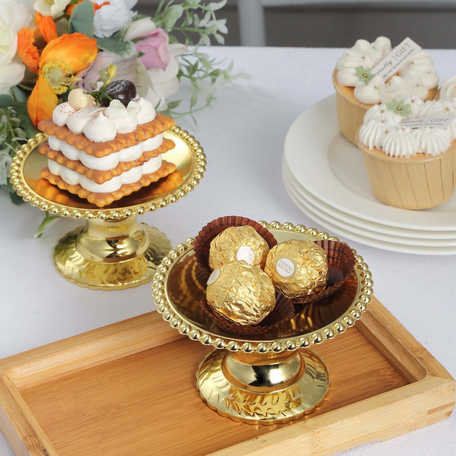 12-Pack Plastic Pedestal Cupcake Plates Mini Gold Mirror Finish Beaded Rim - Great for Displays 5