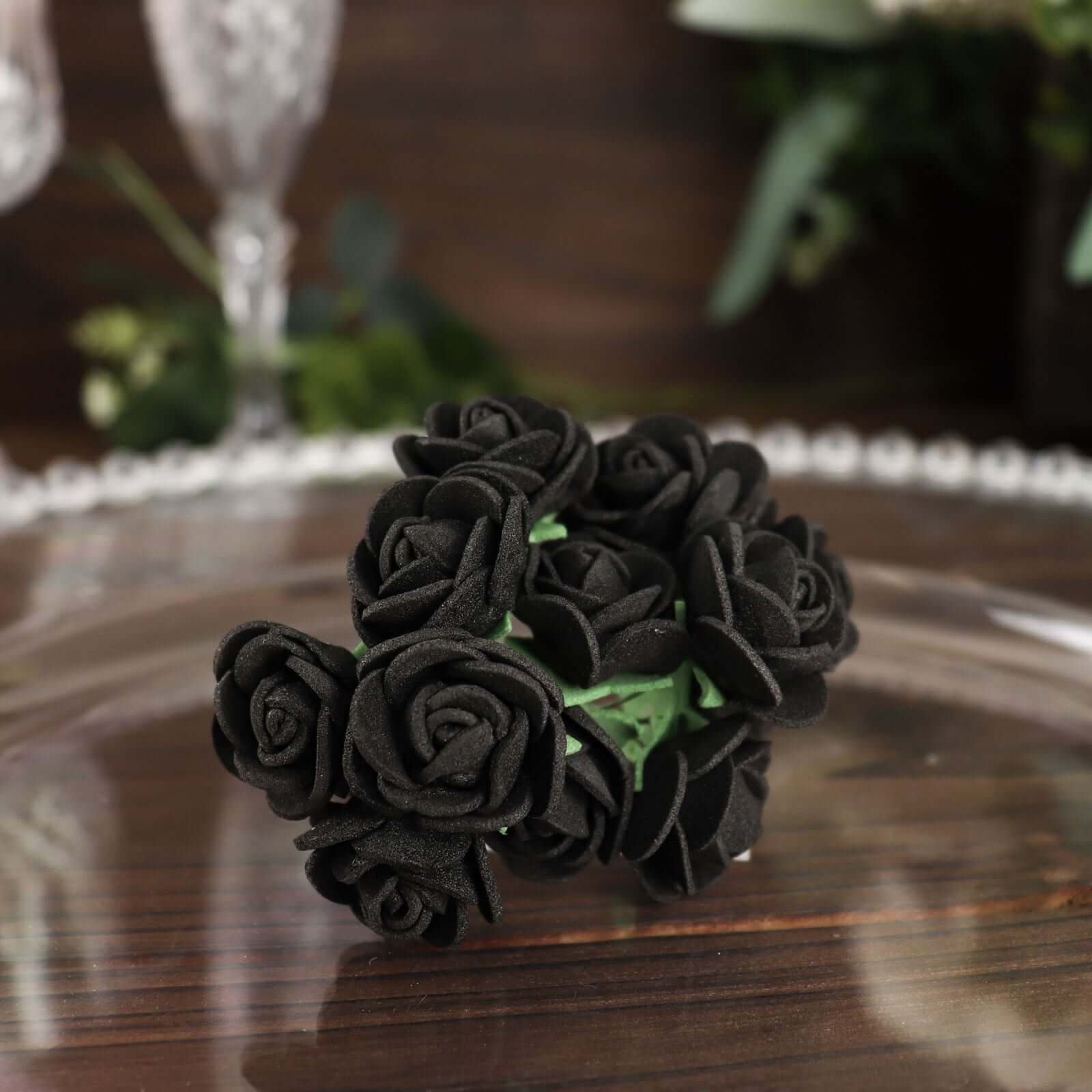 48 Roses 1 Black Real Touch Artificial DIY Foam Rose Flowers With Stem, Craft Rose Buds