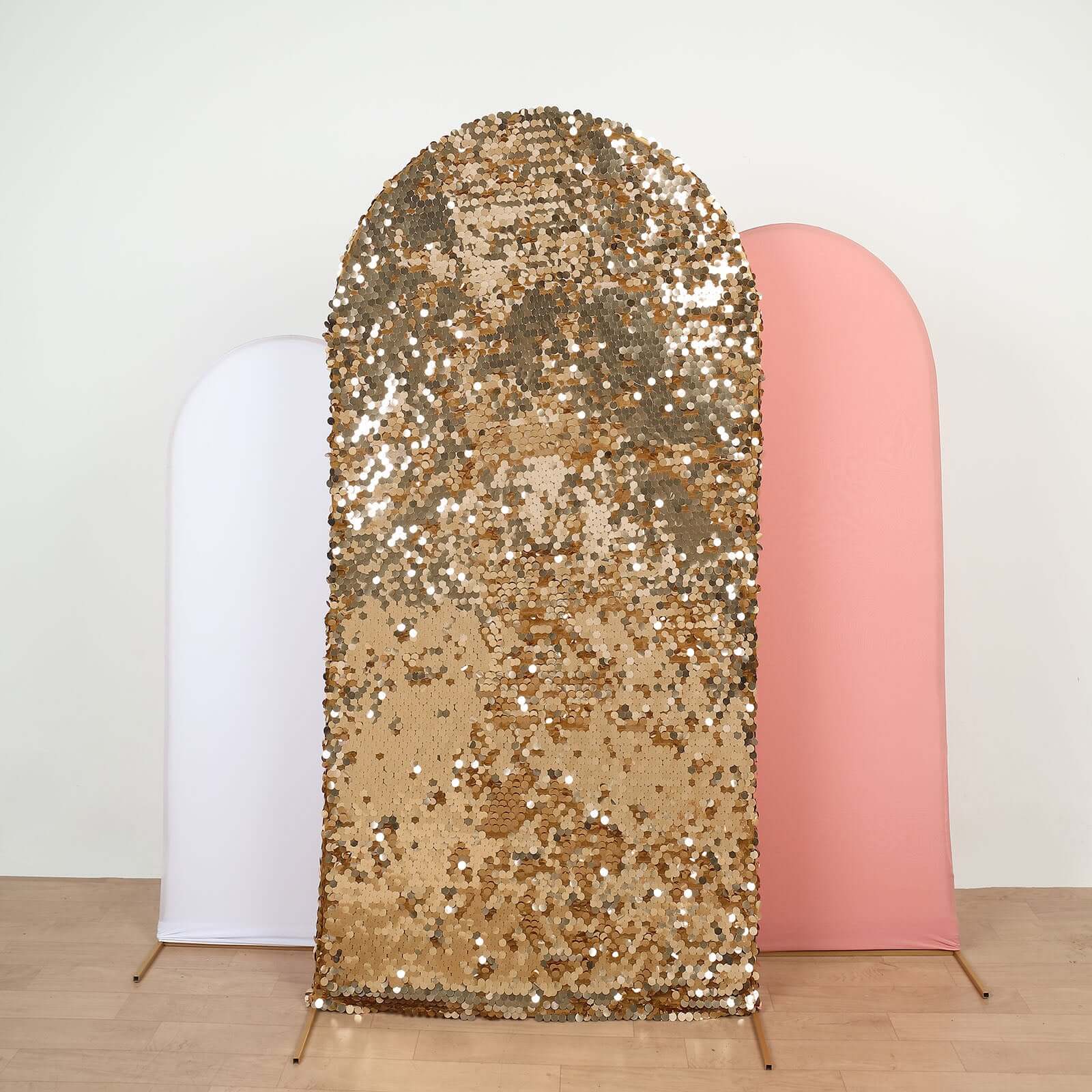 7ft Sparkly Gold Double Sided Big Payette Sequin Chiara Backdrop Stand Cover For Fitted Round Top Wedding Arch