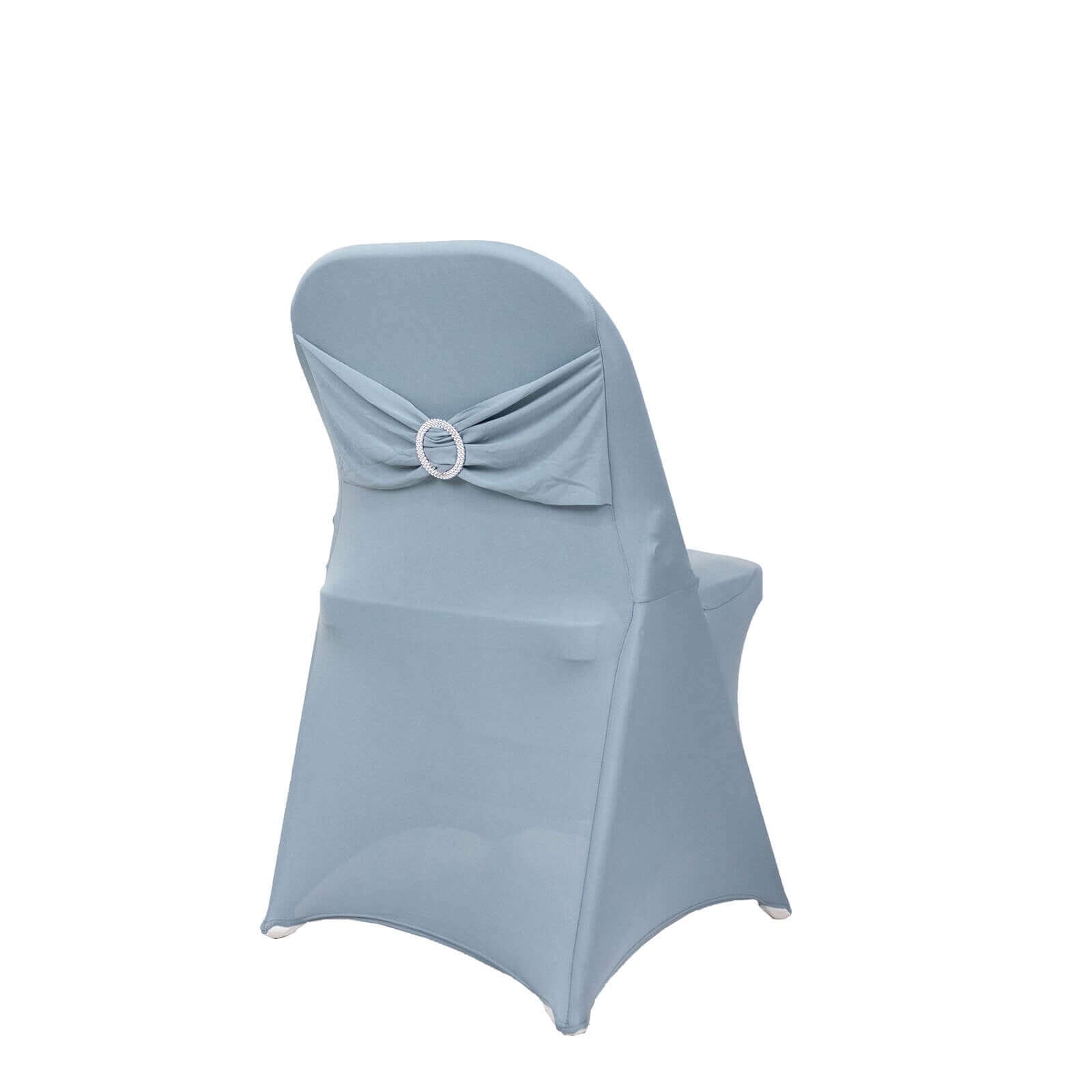 Stretch Spandex Chair Cover Dusty Blue for Folding Chairs - Secure Fit Slipcover with Silver Rhinestone Buckled Sash Band