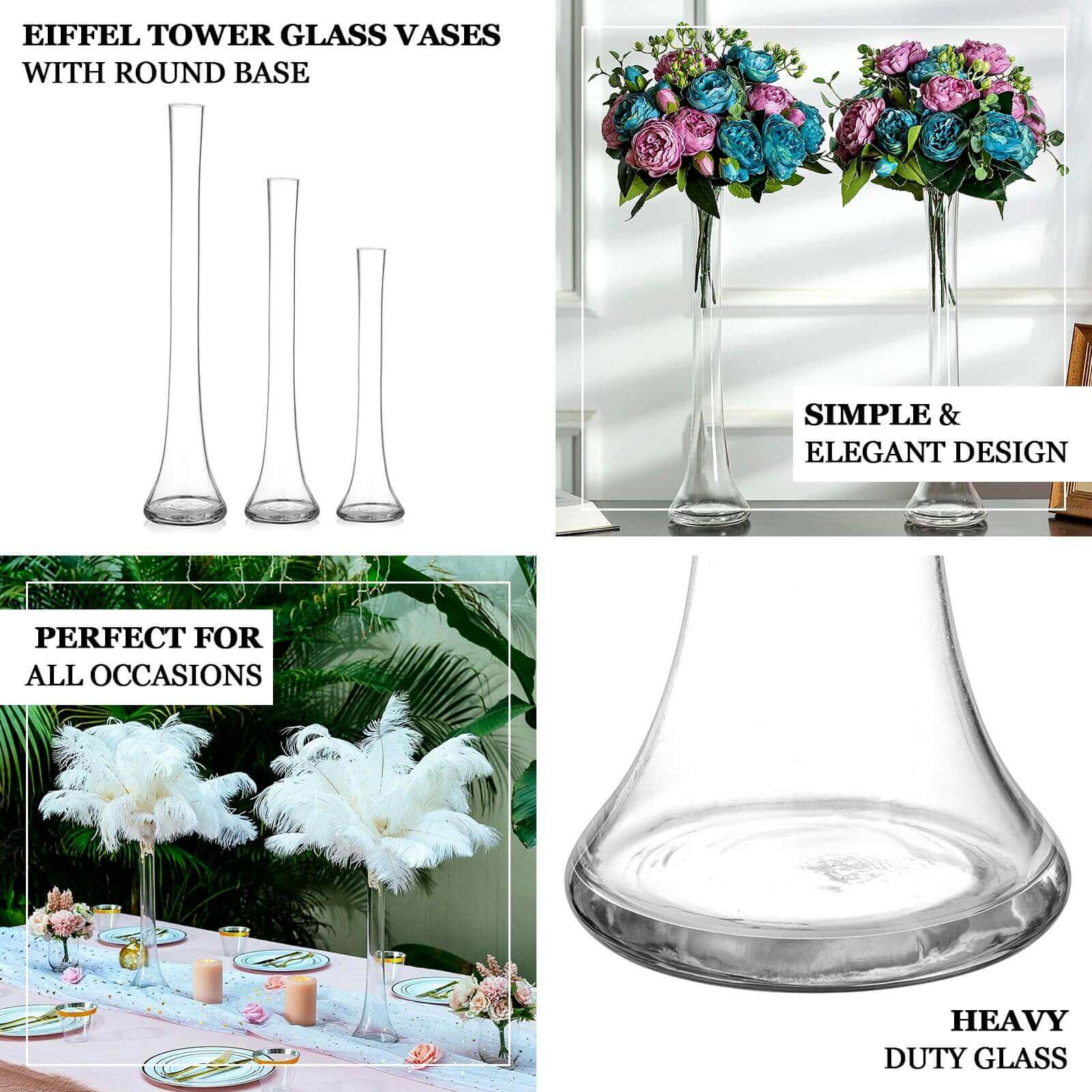 6-Pack Glass Eiffel Tower Vases Clear with Round Base - Tall Skinny Flower Bud Wedding Centerpieces 24