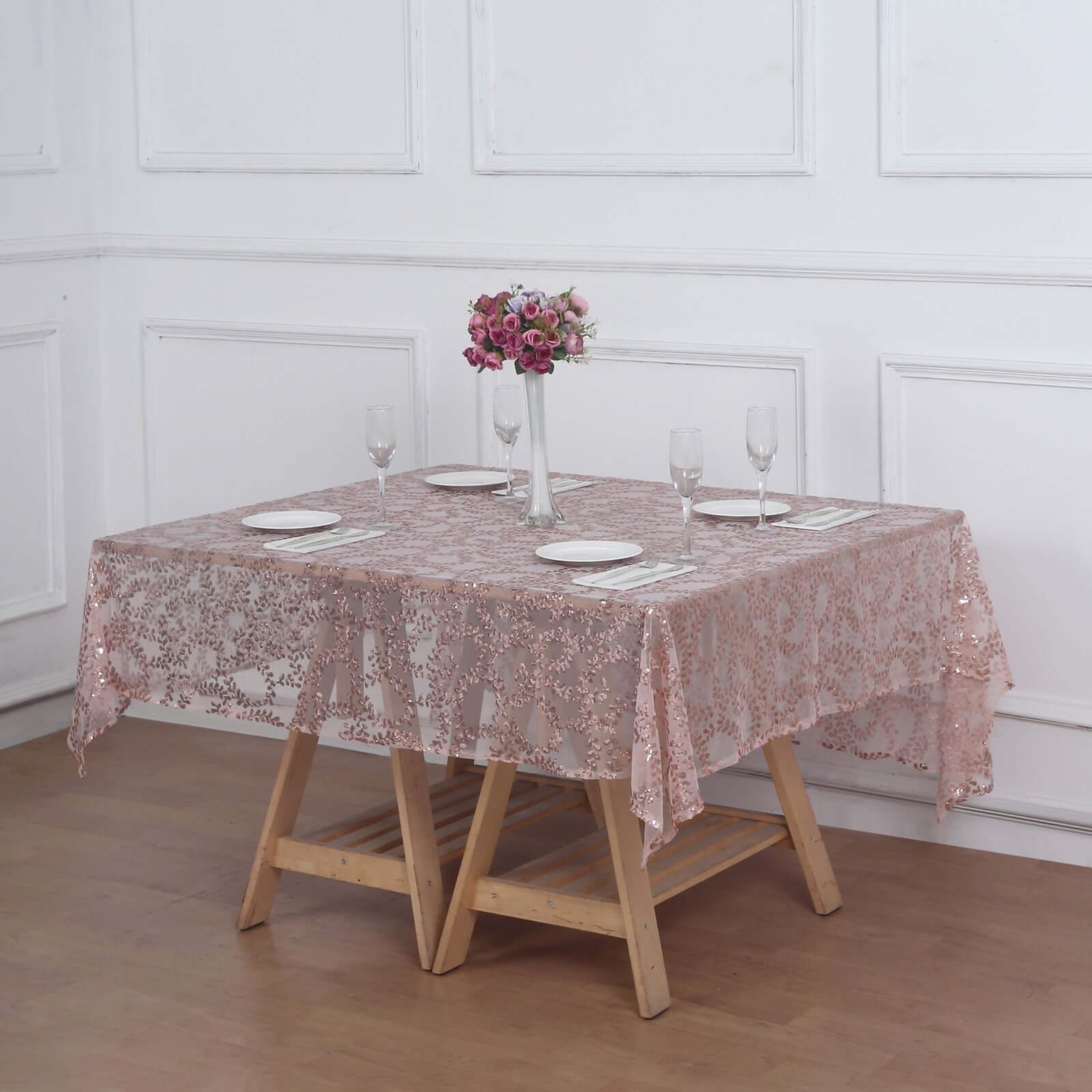 Tulle 72x72 Table Overlay Square Tablecloth Rose Gold - Sequin Leaf Embroidered Table Topper