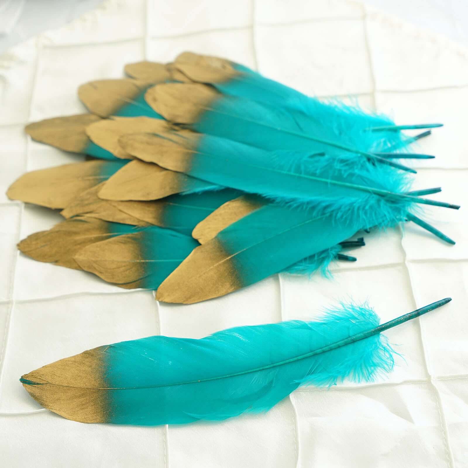 30 Pack Metallic Gold Dipped Turquoise Real Goose Feathers, Craft Feathers For Party Decoration