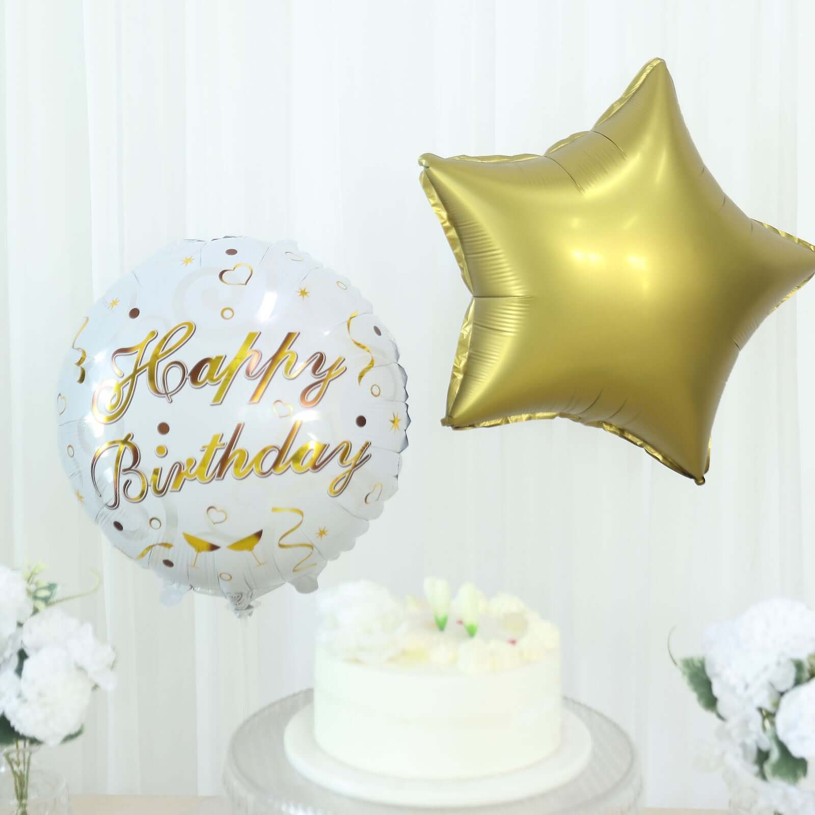 Set of 5 White Gold Round Happy Birthday Mylar Foil Helium Balloon Set, Cheers Beer Mug, Star Balloon Bouquet With Ribbon Birthday Party Decorations