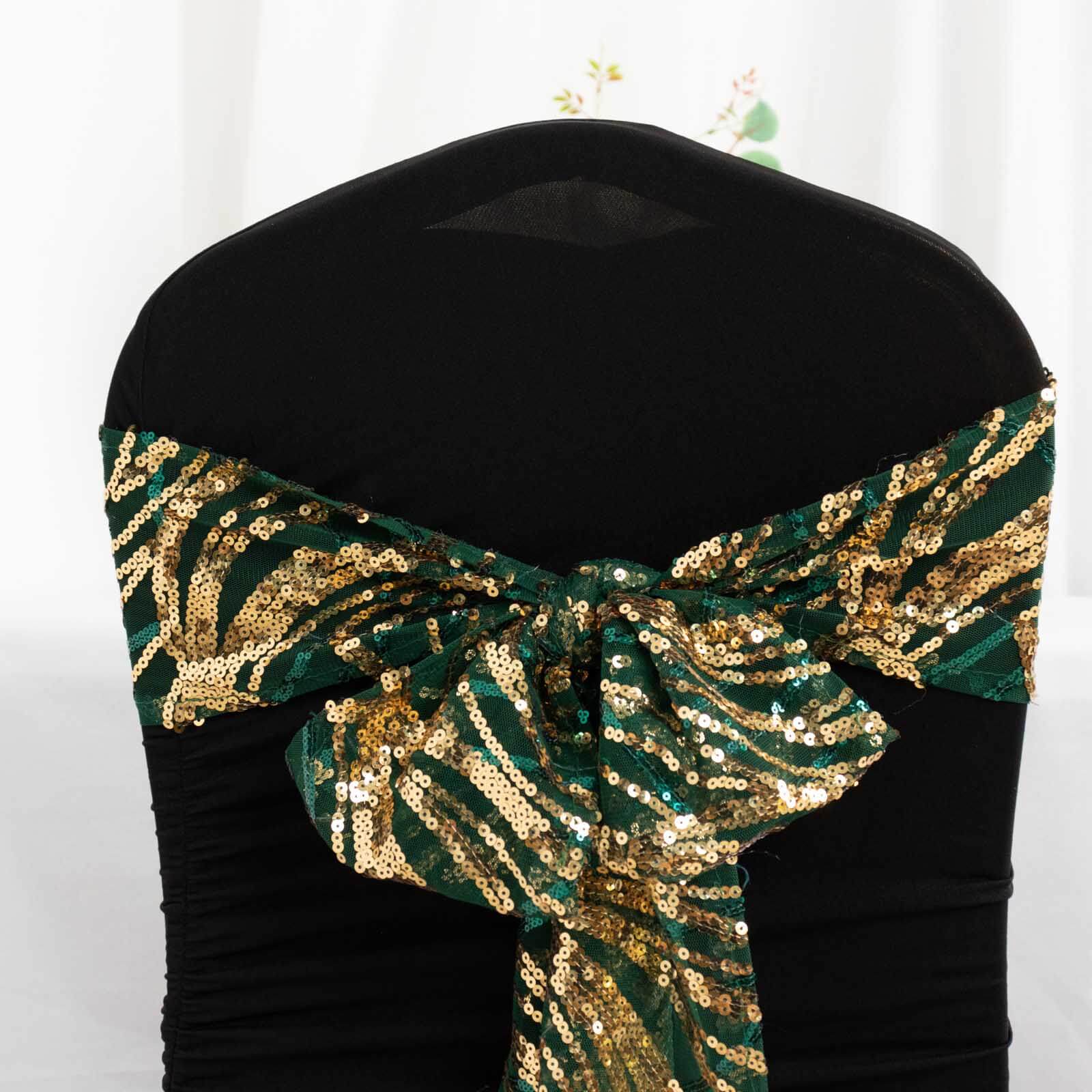 5 Pack Chair Sashes with Wave Embroidered Sequins Hunter Emerald Green/Gold 6x88