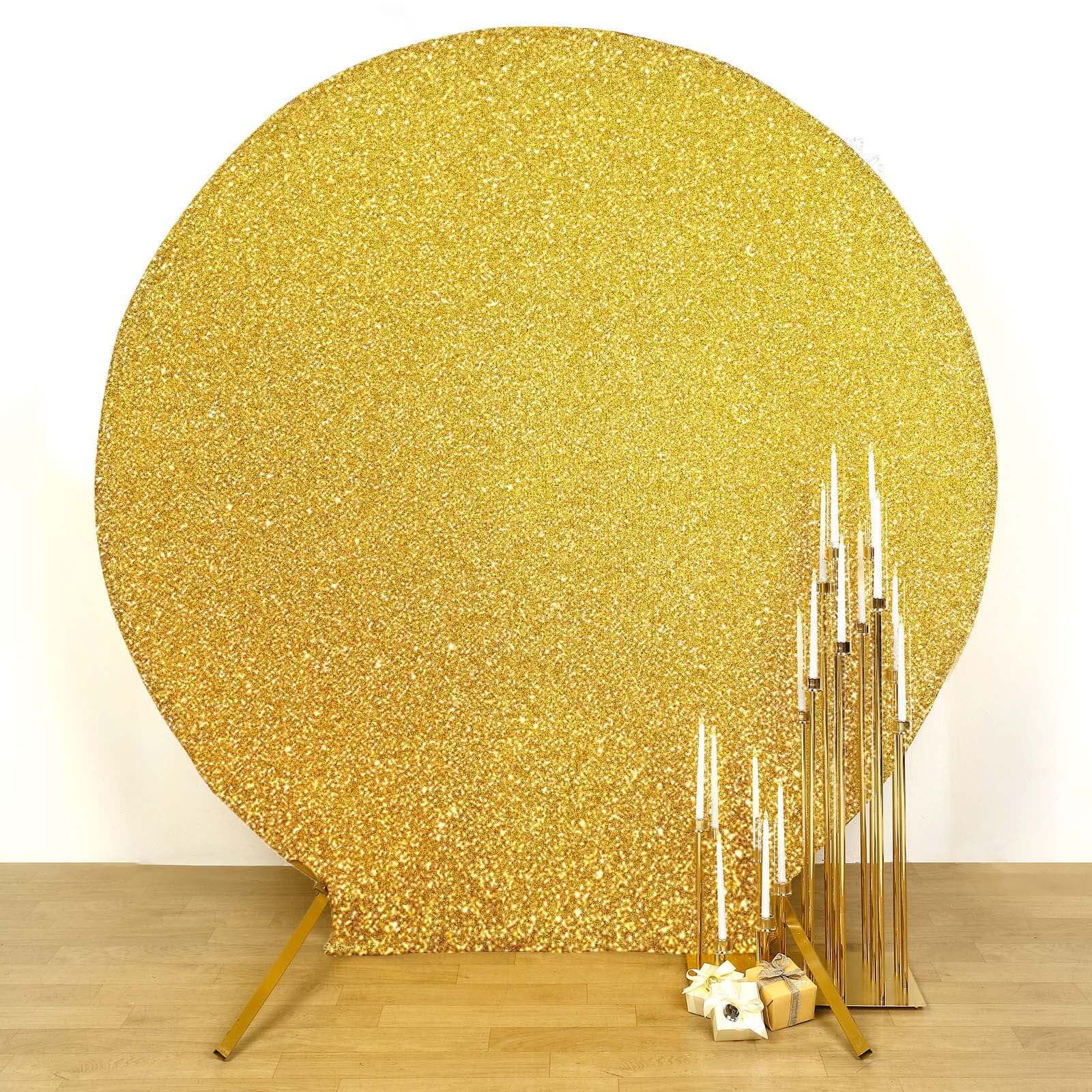 7.5ft Gold Metallic Shimmer Tinsel Spandex Round Wedding Arch Cover, 2-Sided Photo Backdrop