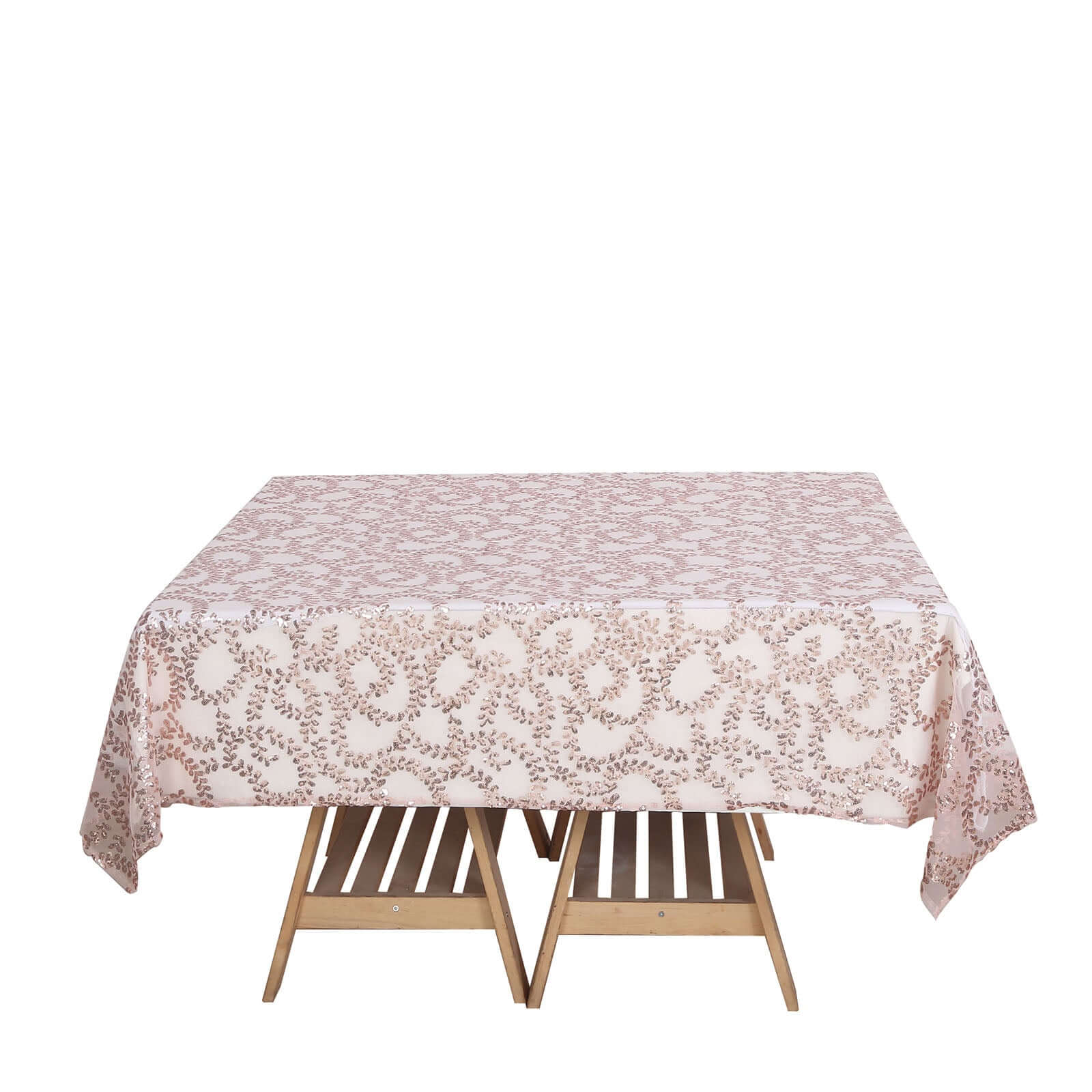 Tulle 72x72 Table Overlay Square Tablecloth Rose Gold - Sequin Leaf Embroidered Table Topper