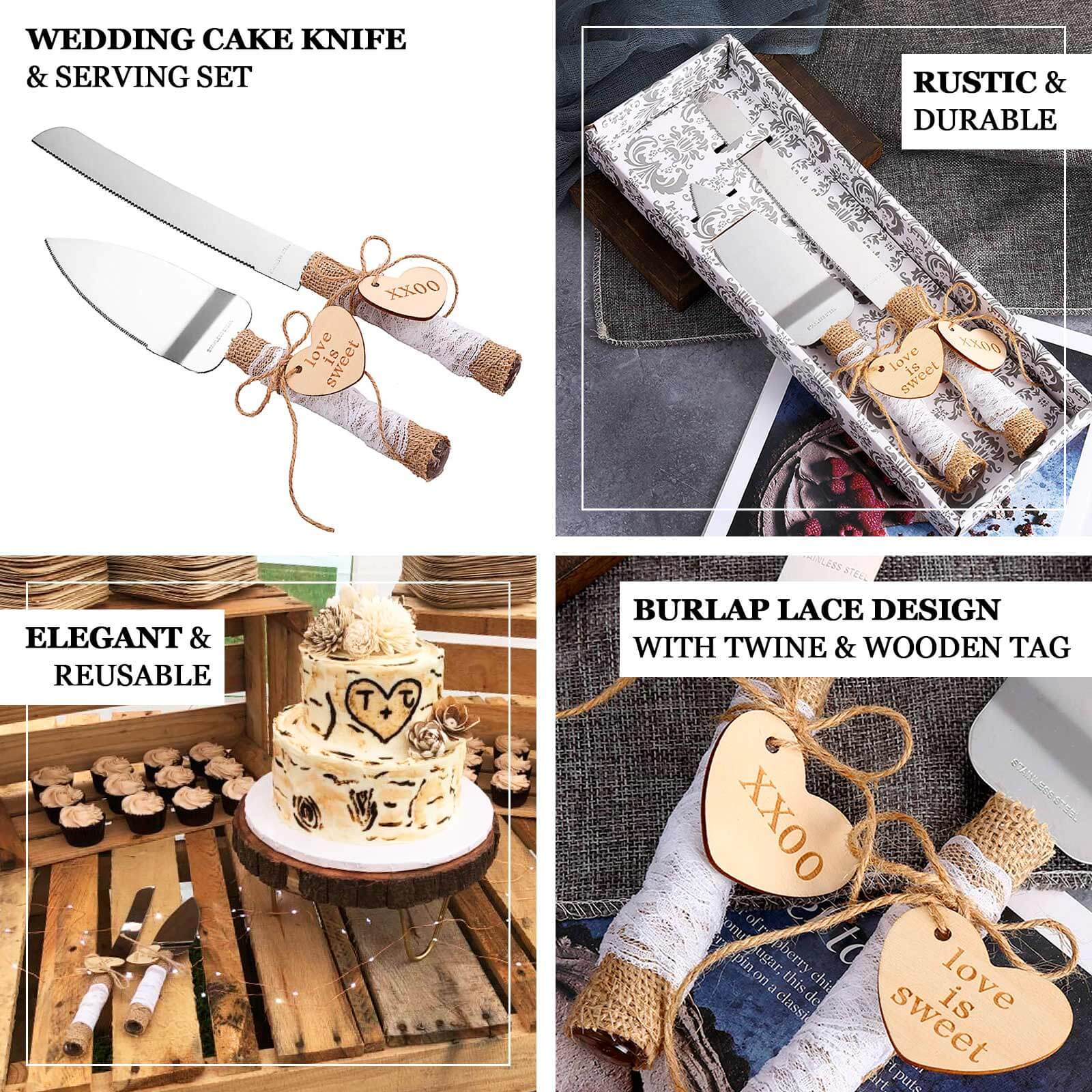 Stainless Steel Cake Knife and Server Set with Natural Rustic Jute Lace - Pre-Packed Wedding Party Favors in Gift Box