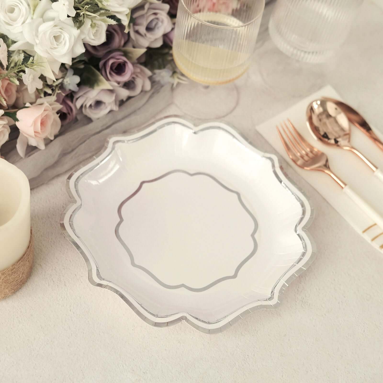 25-Pack Paper Dessert Plates in White with Silver Scallop Rim - Disposable 300GSM Appetizer Salad Plates 8