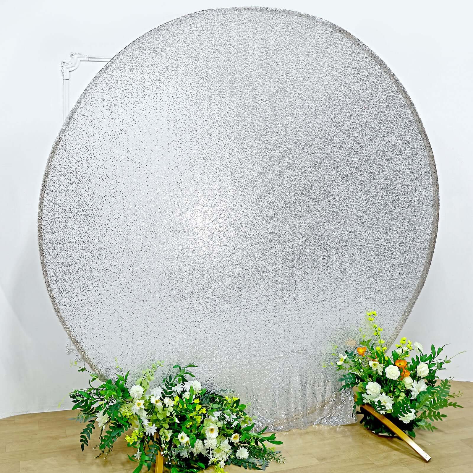 7.5ft Metallic Silver Sparkle Sequin Round Wedding Arch Cover, Shiny Shimmer Photo Backdrop Stand Cover, 2-Sided Custom Fit