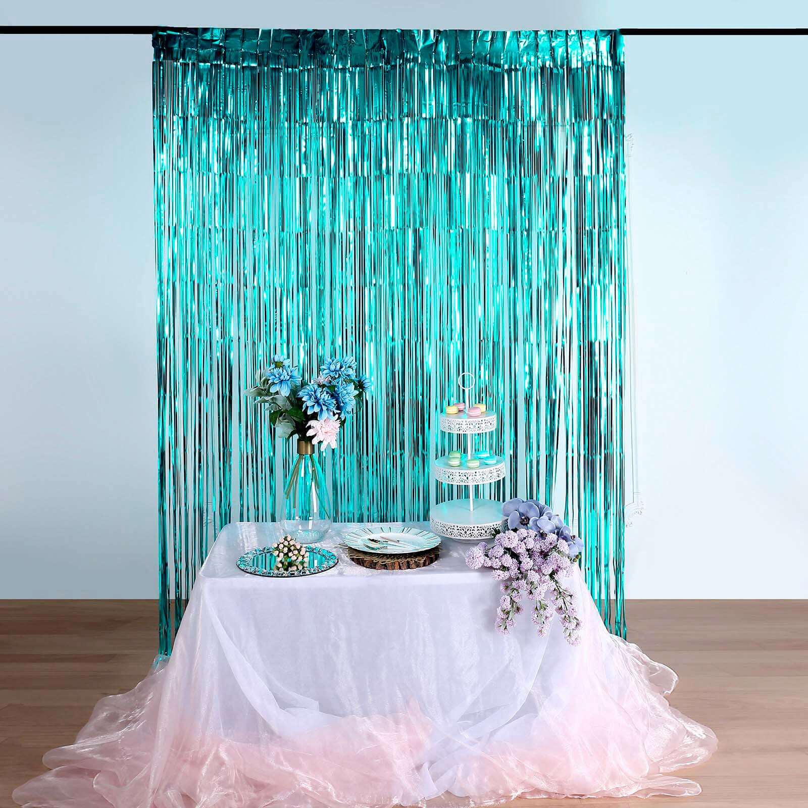 8ft Turquoise Metallic Tinsel Foil Fringe Doorway Curtain Party Backdrop