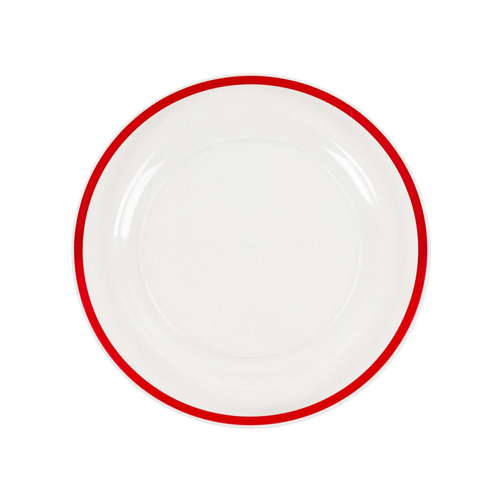 10-Pack Plastic 10 Round Dinner Plates in Clear with Red Rim - Disposable Party Plates for Classy Banquets & Special Occasions