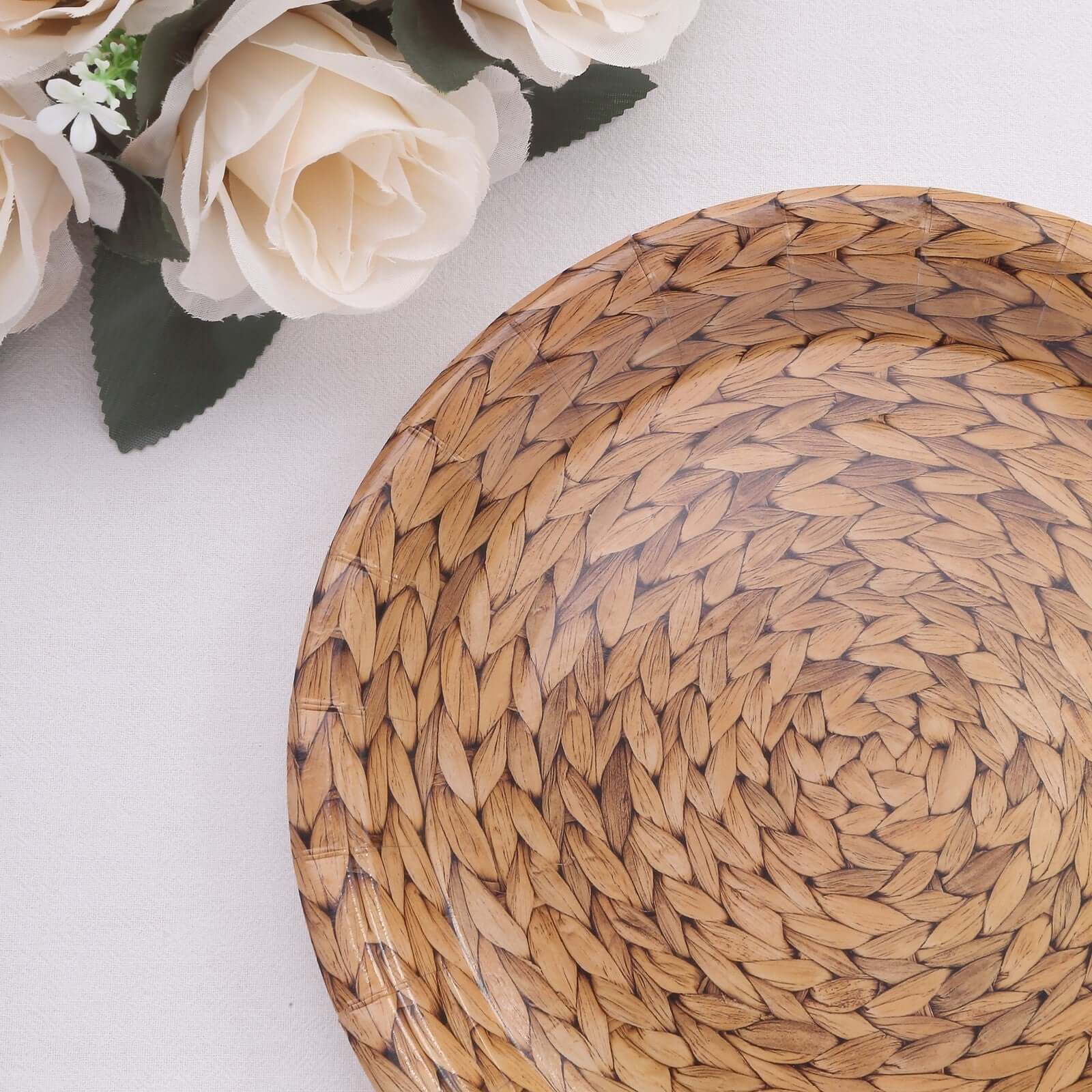 25-Pack Paper 9 Round Dinner Plates Natural with Woven Rattan Print - Rustic Farmhouse Disposable 300GSM Party Plates for Country Chic Celebrations