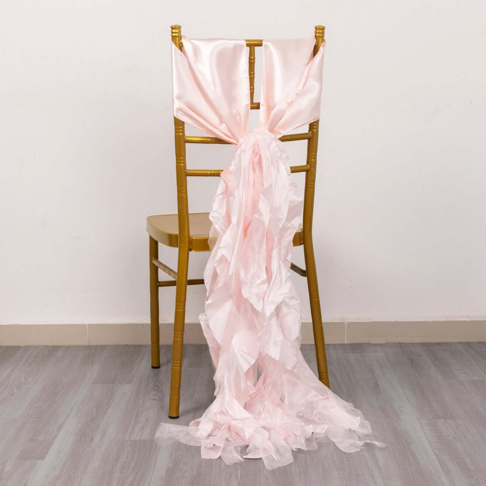 5 Pack Chiffon Satin Chair Sashes Blush - Easy to Install Ruffled Curly Willow