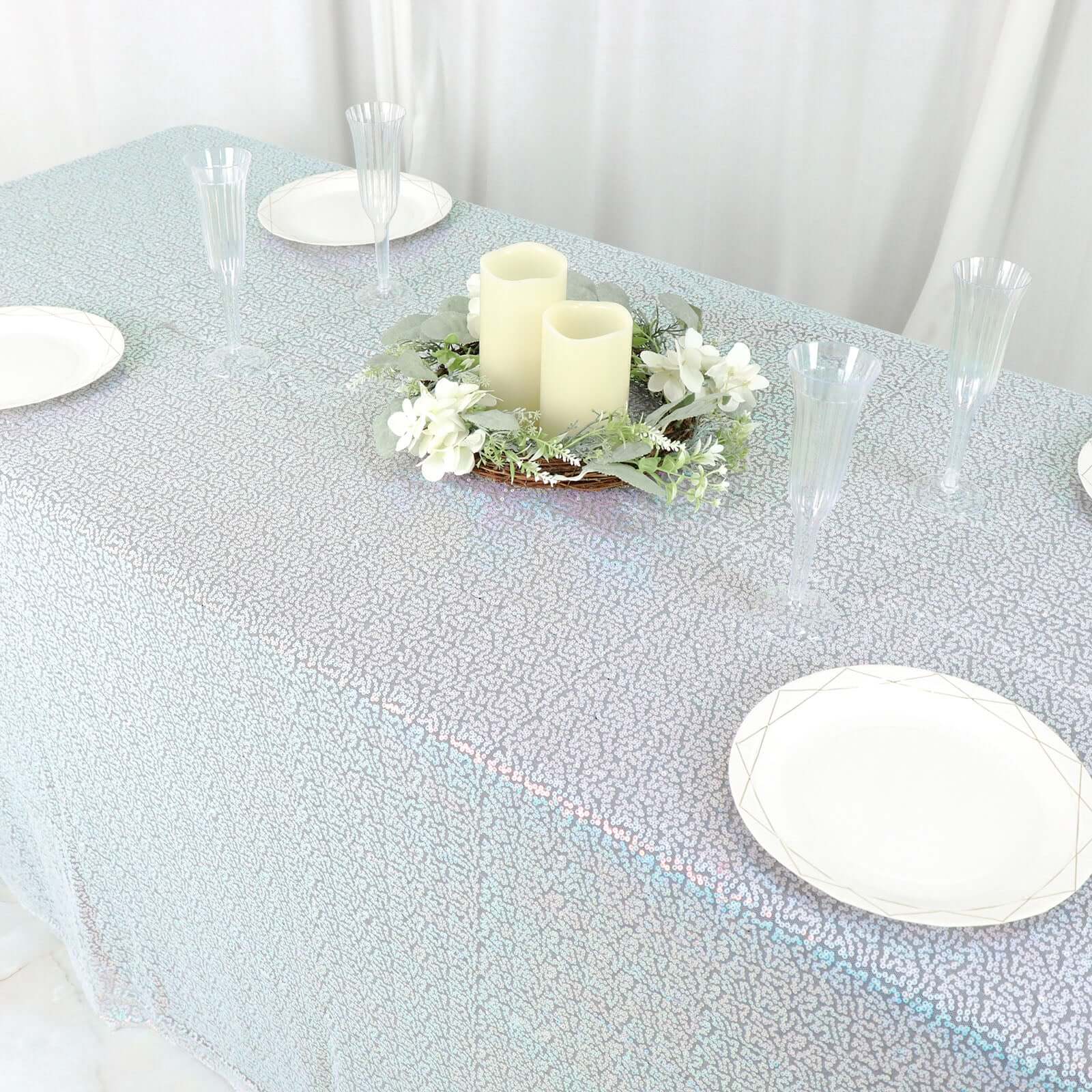 Sequin 90x156 Rectangle Tablecloth Iridescent Blue - Seamless Twinkling Table Cover
