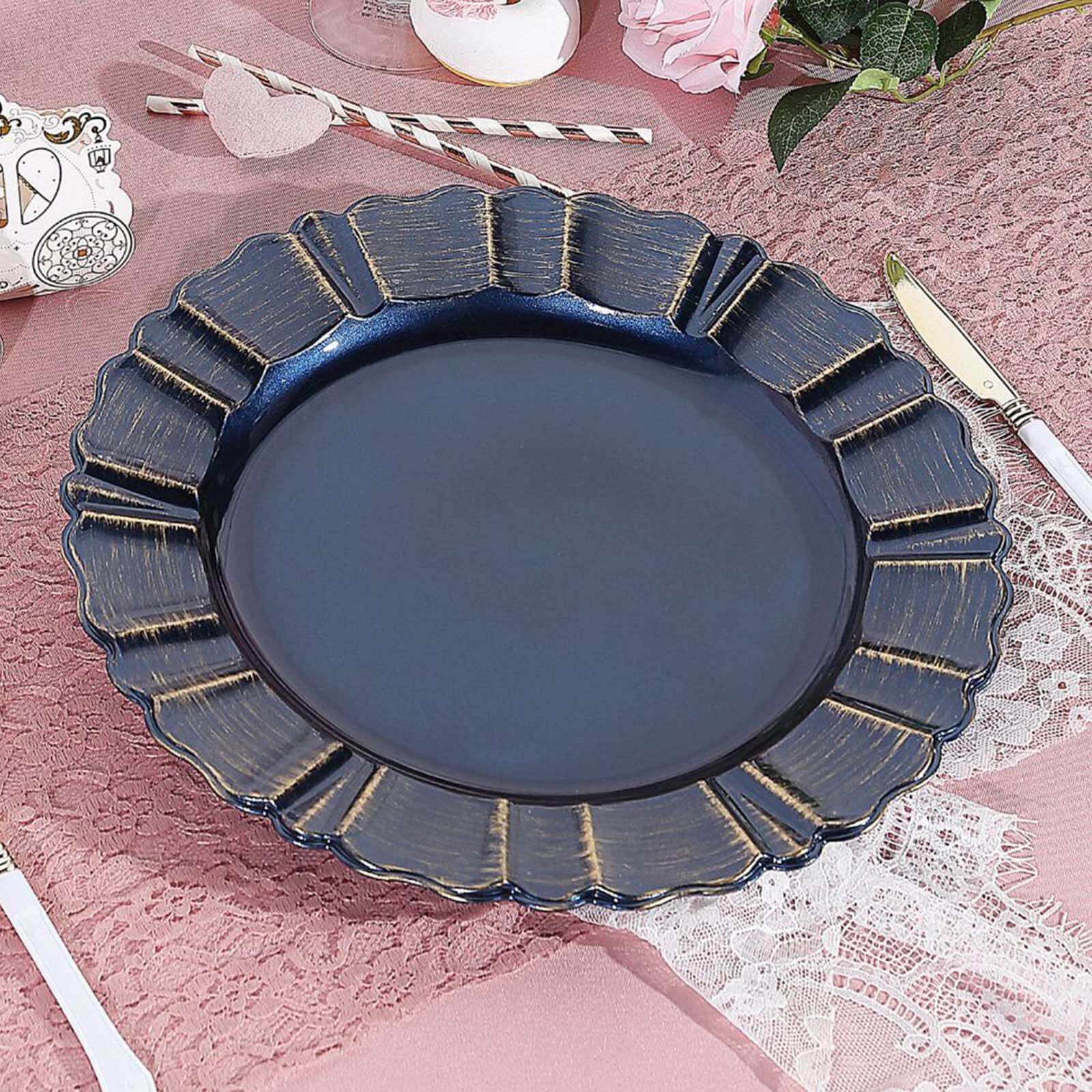 6-Pack Acrylic Plastic Round Charger Plates 13 in Navy Blue with Gold Brushed Wavy Scalloped Rim, Decorative Dinner Party Charger Tableware