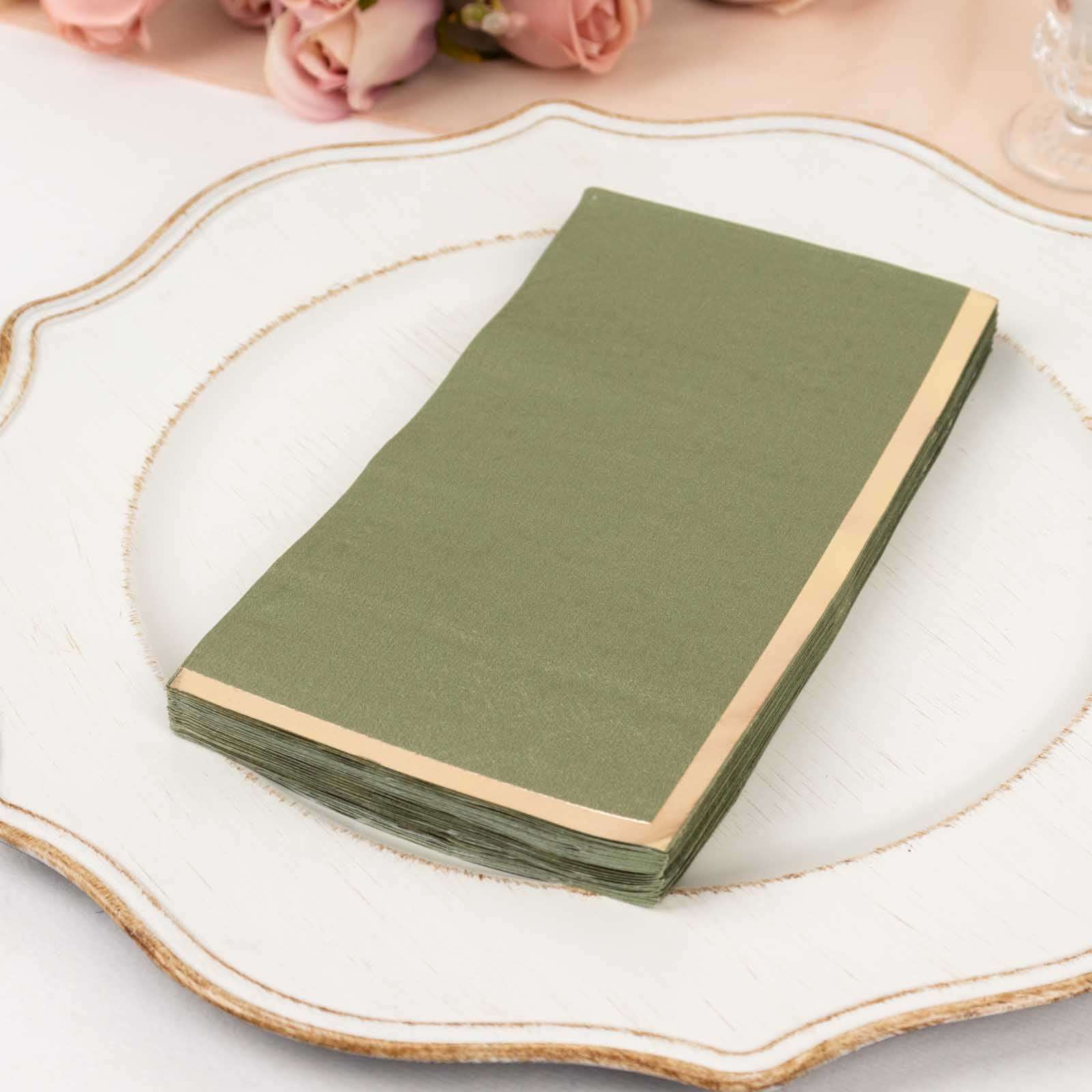 50-Pack Paper Dinner Napkins Olive Green with Gold Foil Edge 2 Ply - Stylish Disposable Napkins