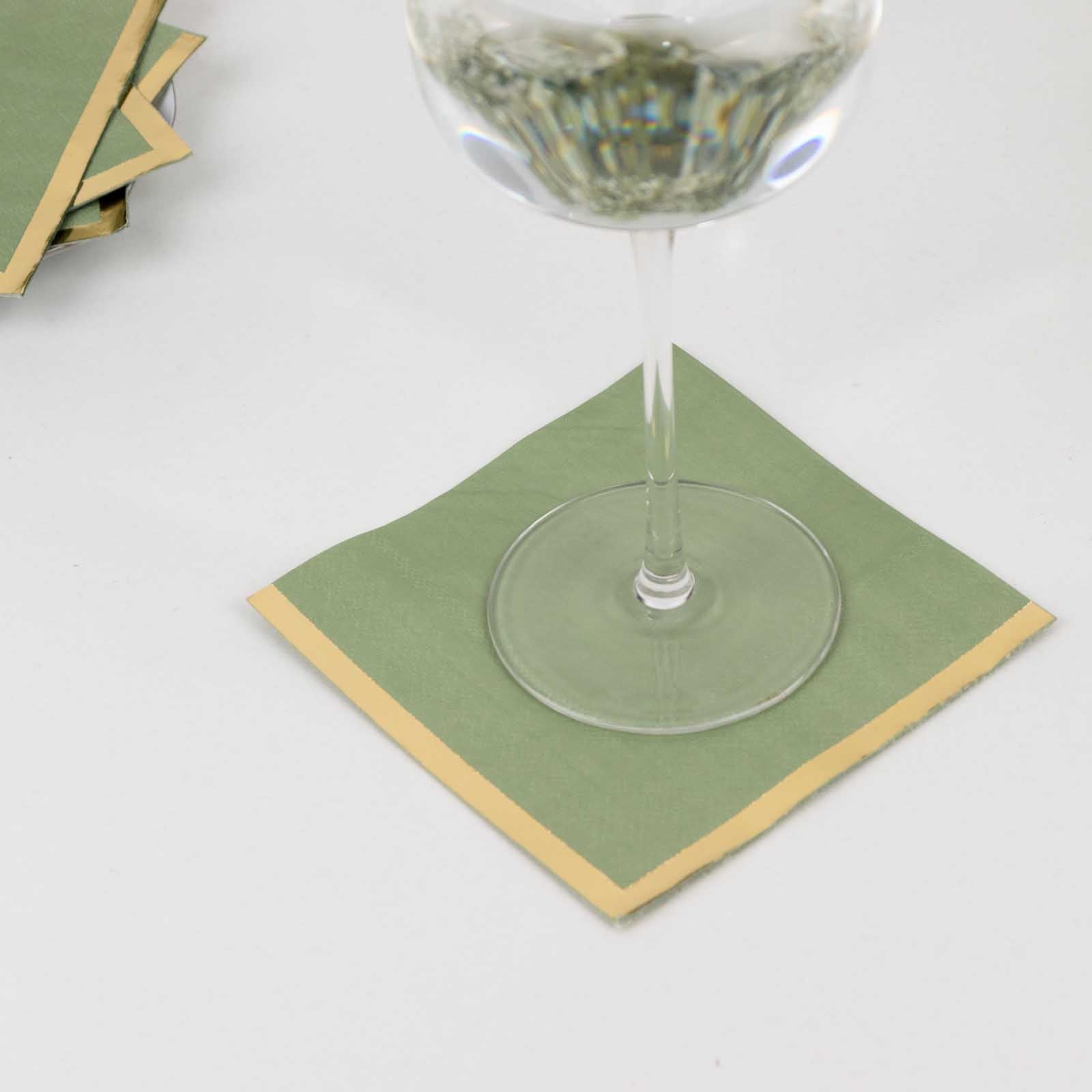 50-Pack Paper Beverage Napkins Sage Green with Gold Foil Edge - 2 Ply Disposable Soft 18GSM Cocktail Napkins 5x5