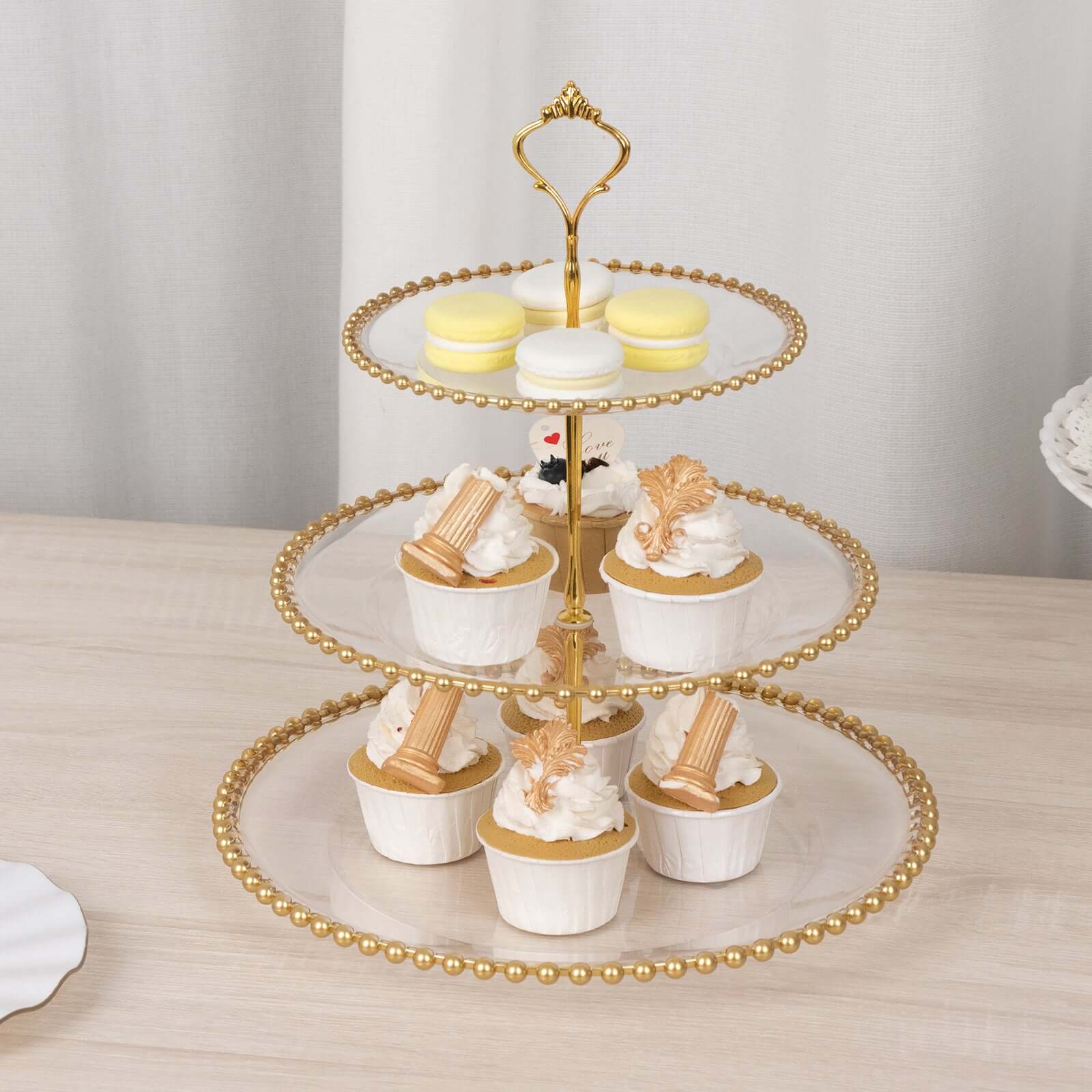 3-Tier Plastic Round Cupcake Tower Stand Clear - Versatile Dessert Display Tea Party Serving Platter with Gold Beaded Rim & Top Handle 14