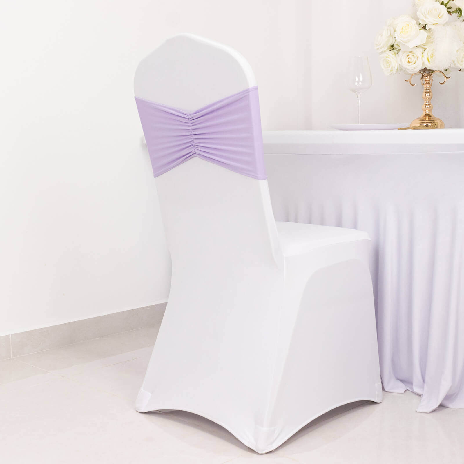 5 Pack Spandex Chair Sashes Lavender Lilac Ruffled Style - Wide Easy to Use Stretch Chair Bands 8x13