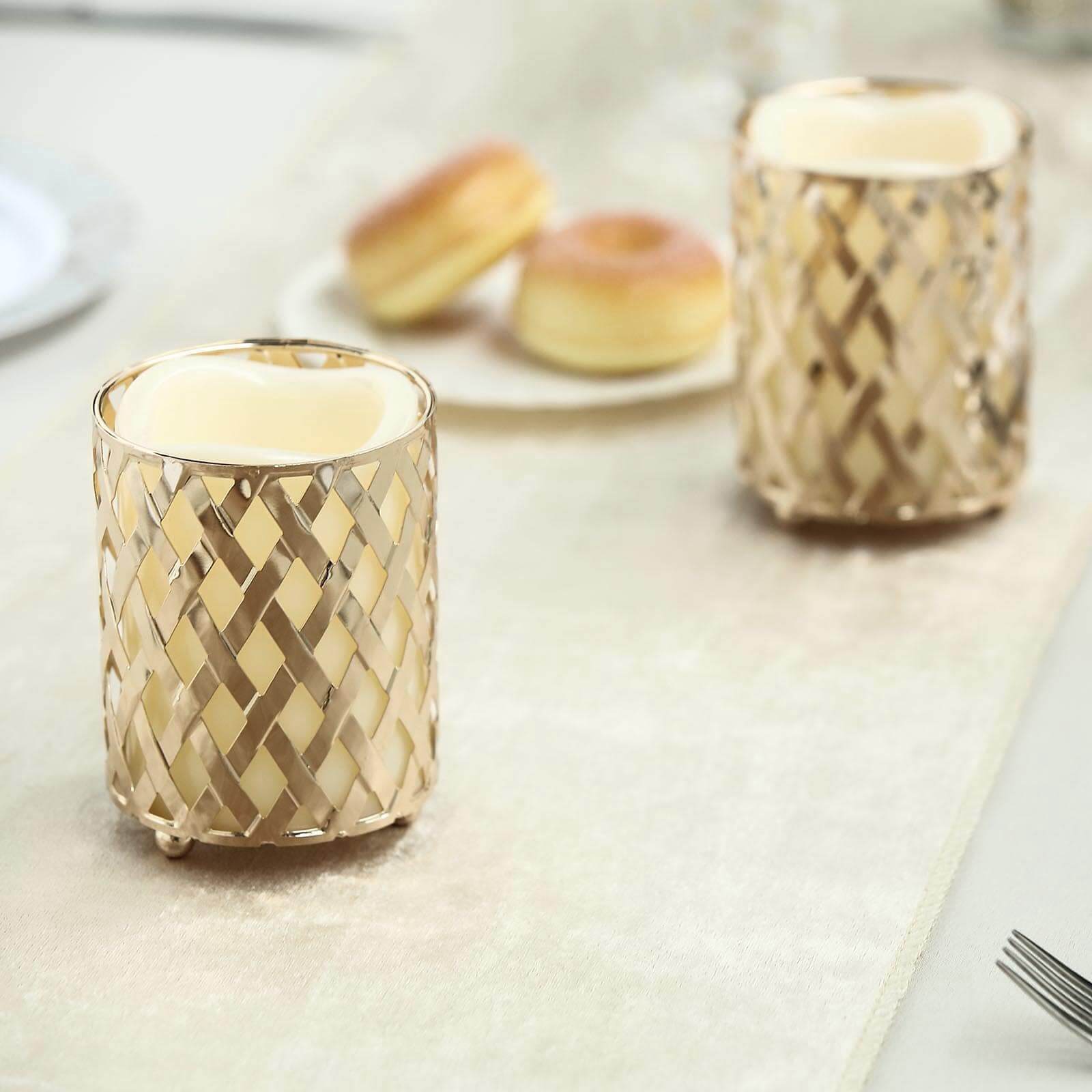 2-Pack Votive Candle Holders Gold Metal Diamond Cut Geometric Design - Perfect for Home Décor and Events 4