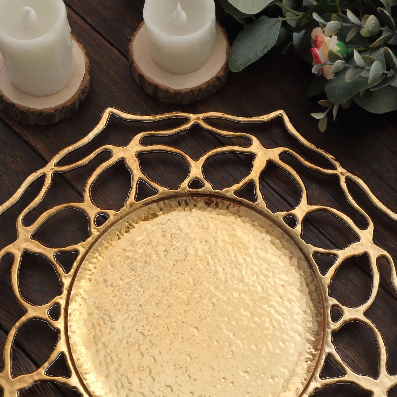 6-Pack Acrylic Round Charger Plates 13 in Gold with Floral Cutout Design, Hollow Flower Plastic Decorative Dinner Party Charger Tableware