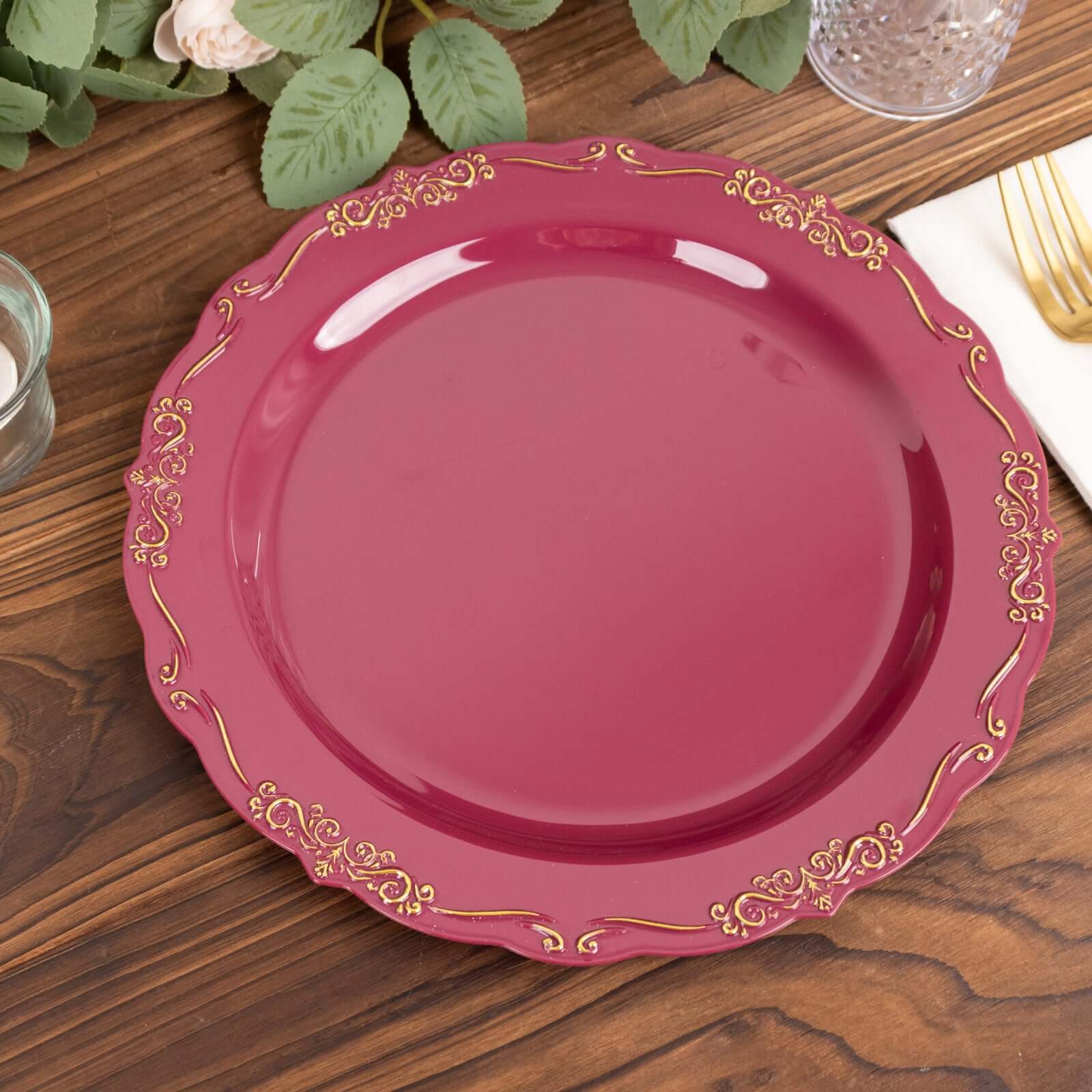 10-Pack Plastic 10 Round Dinner Plates in Burgundy with Gold Vintage Embossed Rim - Sturdy Disposable Scalloped Edge Party Plates for Sophisticated Events & Celebrations